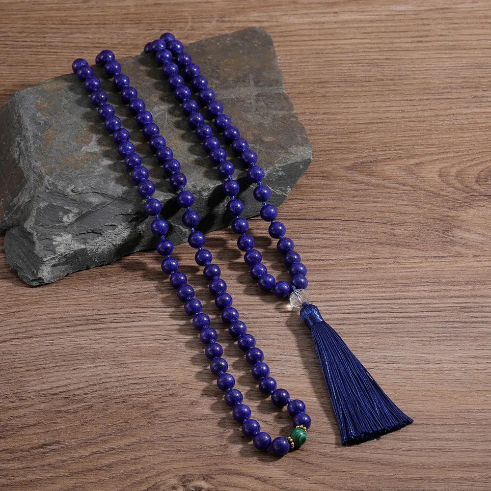 108 Mala 8MM Lapis Lazuli & Green Malachite Beaded Knotted Necklace Men and Women