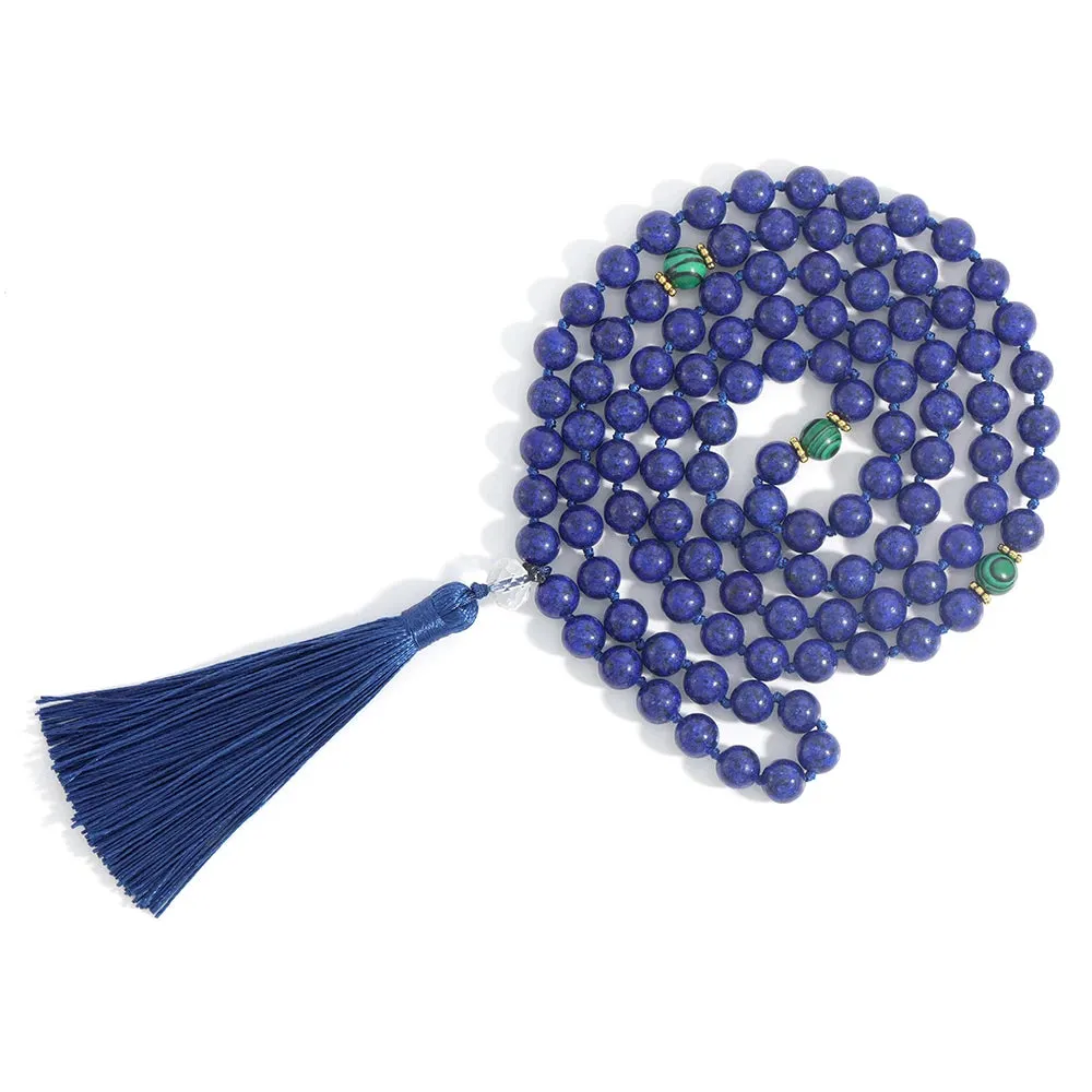 108 Mala 8MM Lapis Lazuli & Green Malachite Beaded Knotted Necklace Men and Women
