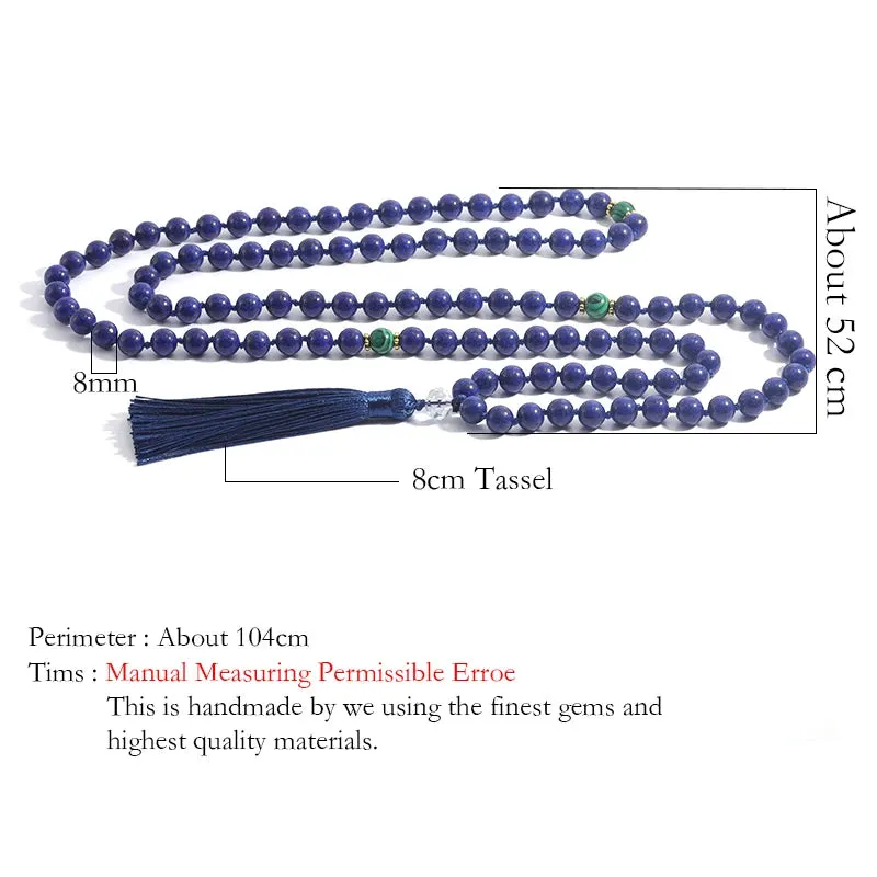 108 Mala 8MM Lapis Lazuli & Green Malachite Beaded Knotted Necklace Men and Women