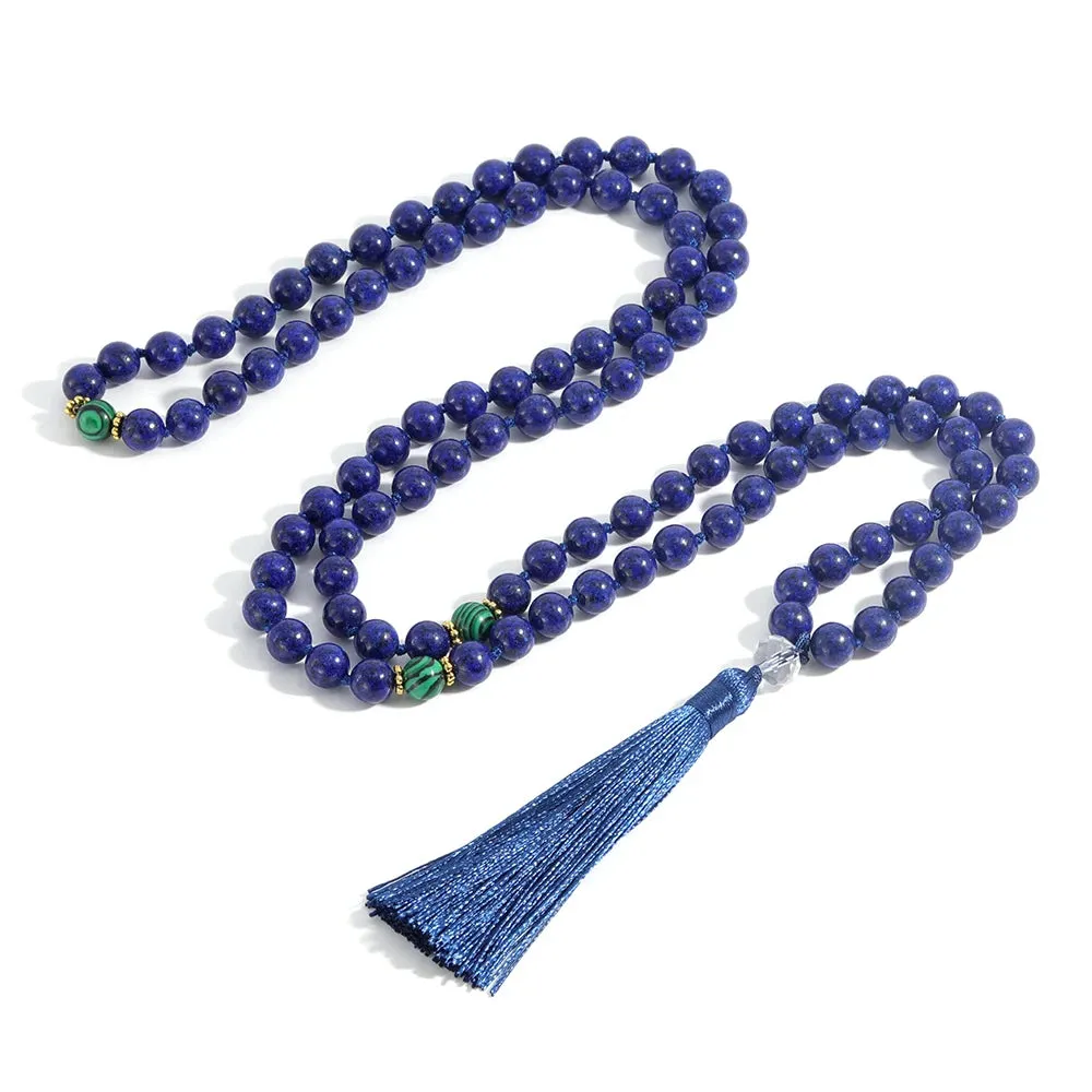 108 Mala 8MM Lapis Lazuli & Green Malachite Beaded Knotted Necklace Men and Women