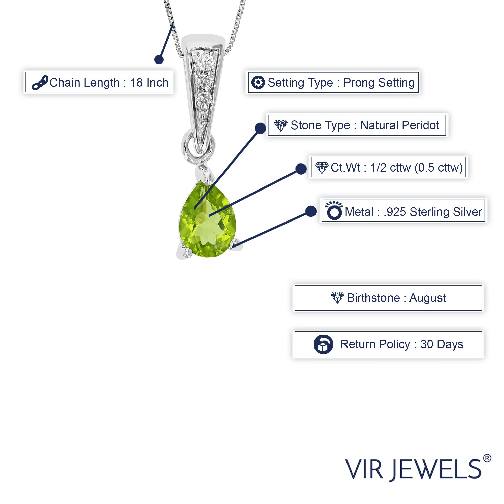 1/2 cttw Pendant Necklace, Peridot Pear Shape Pendant Necklace for Women in .925 Sterling Silver with Rhodium, 18 Inch Chain, Prong Setting
