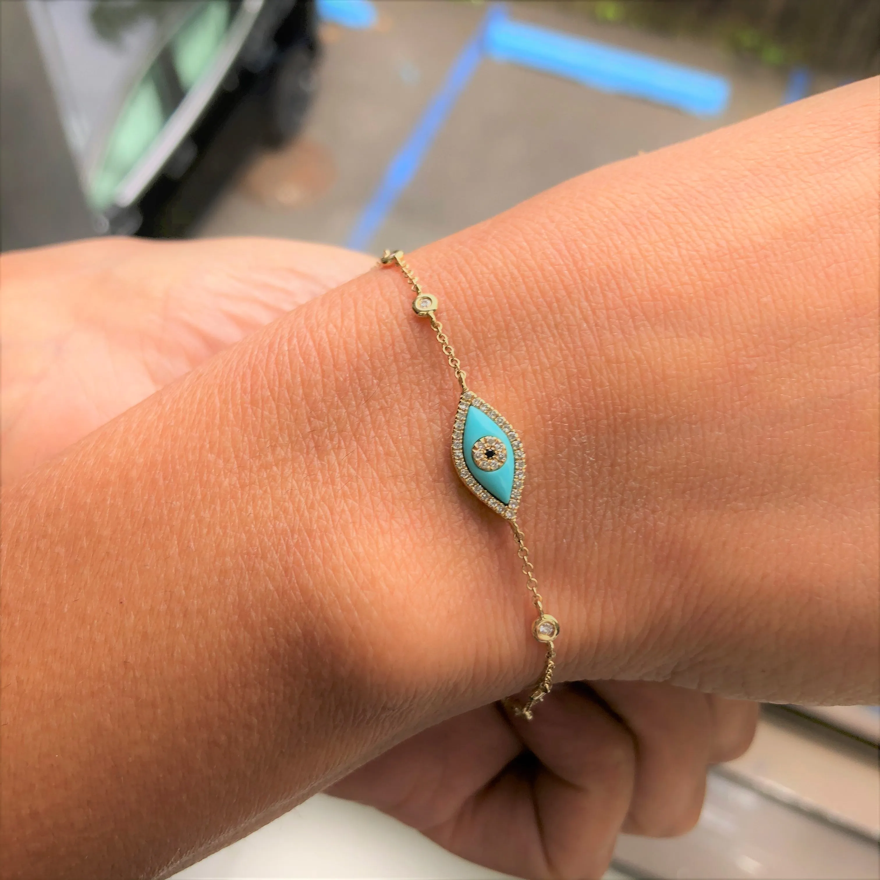 14k Gold Turquoise & Diamond Evil Eye Bracelet