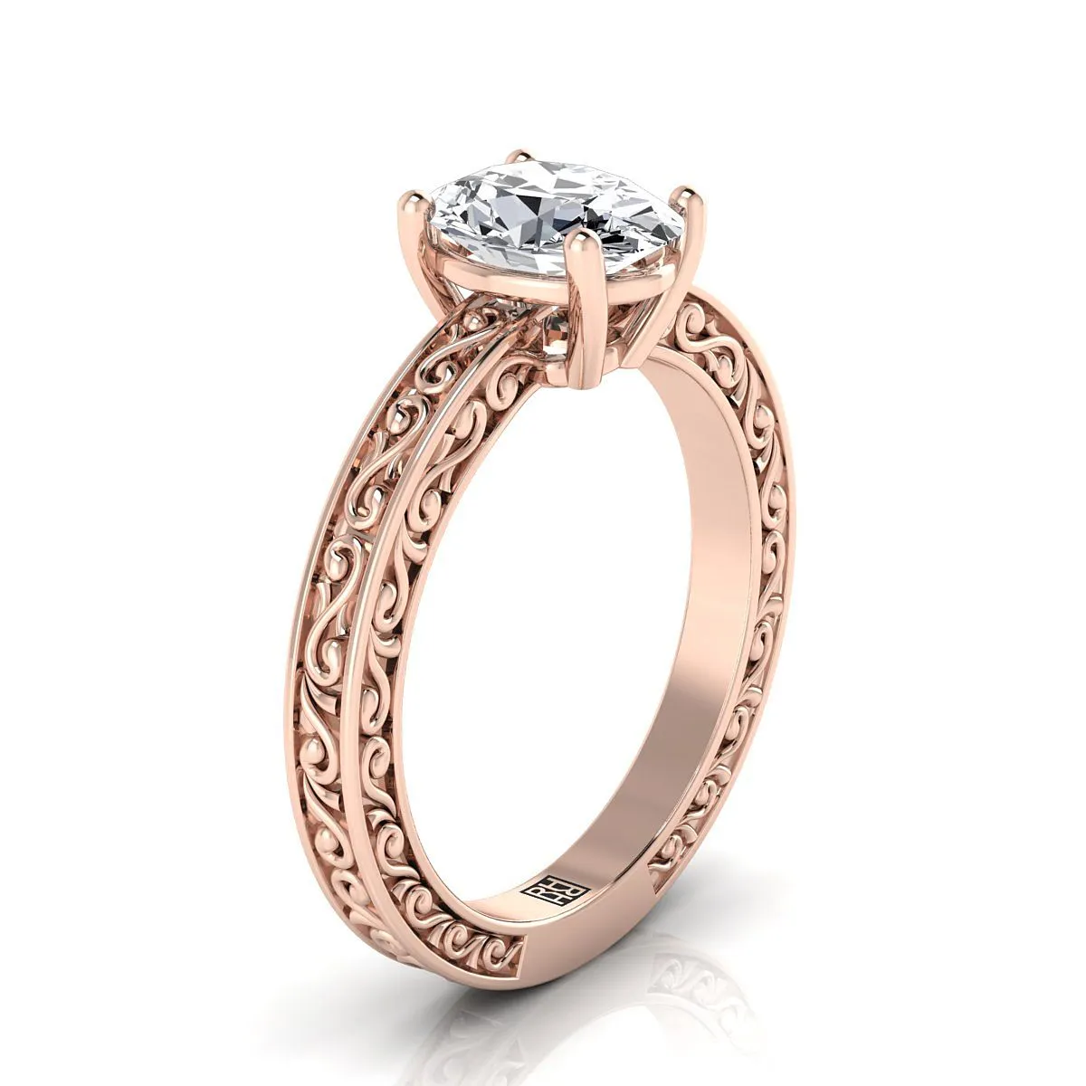 14K Rose Gold Oval Hand Engraved Scroll Vintage Solitaire Engagement Ring