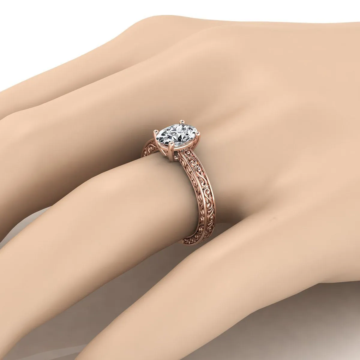 14K Rose Gold Oval Hand Engraved Scroll Vintage Solitaire Engagement Ring