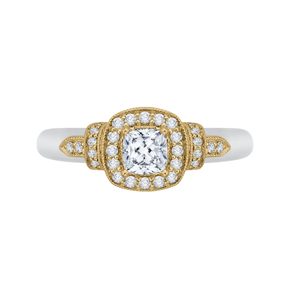 14K Two Tone Gold Cushion Diamond Halo Engagement Ring
