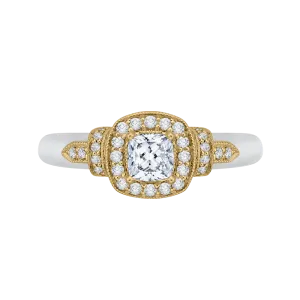 14K Two Tone Gold Cushion Diamond Halo Engagement Ring