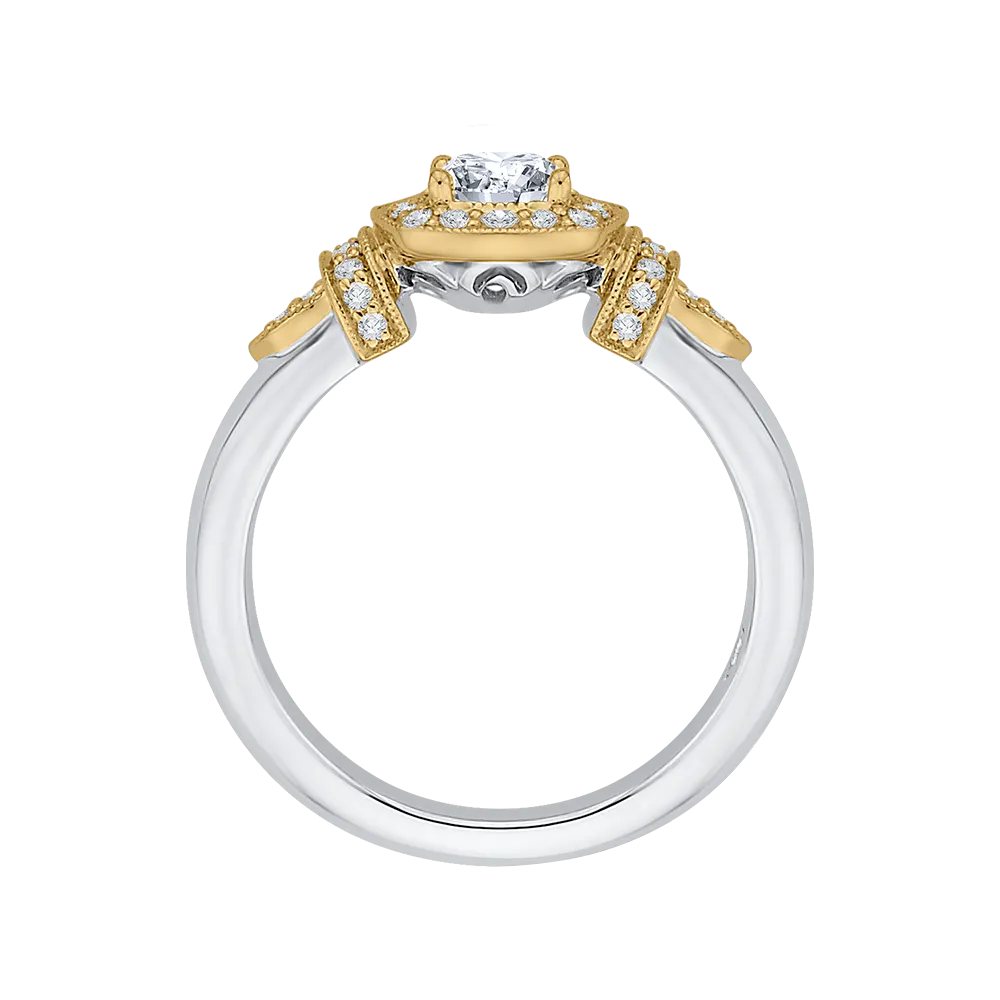 14K Two Tone Gold Cushion Diamond Halo Engagement Ring
