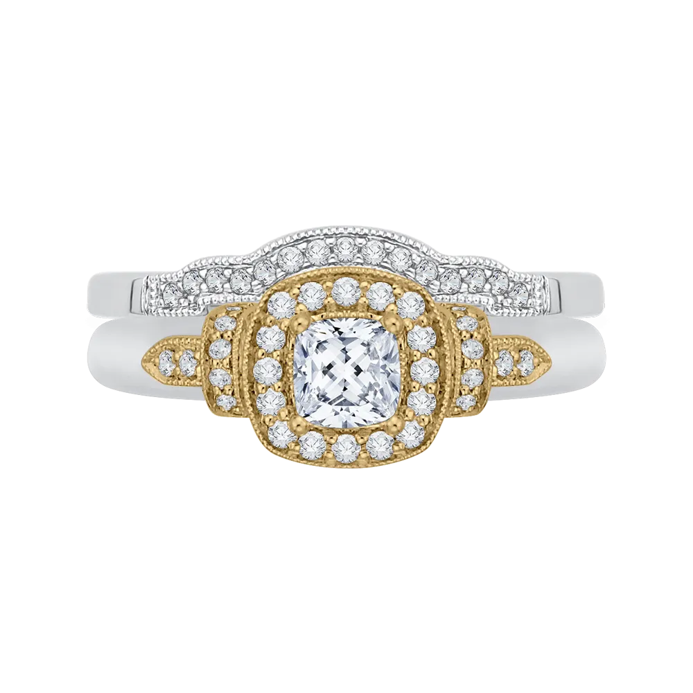 14K Two Tone Gold Cushion Diamond Halo Engagement Ring