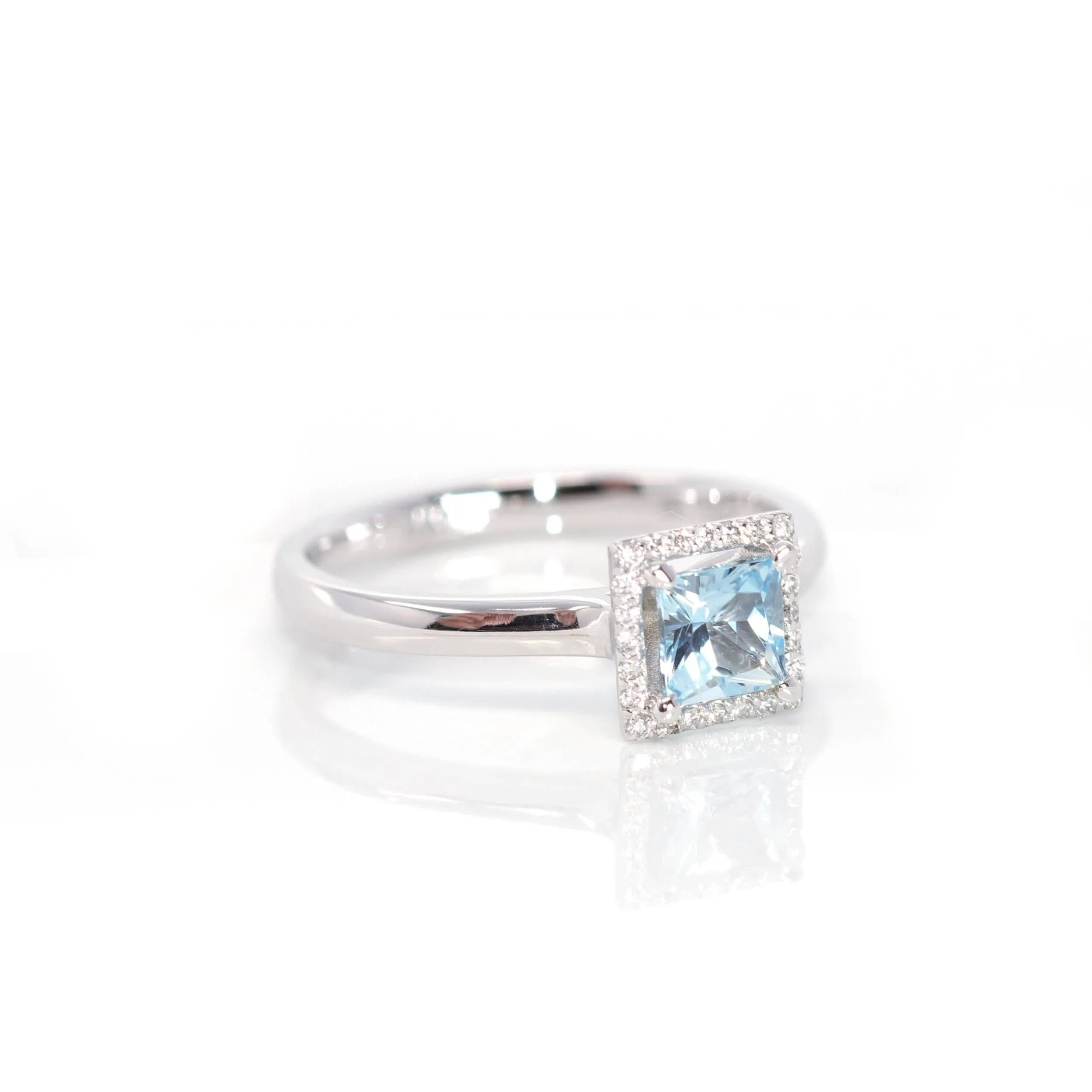 14k White Gold Natural Square Aquamarine Diamond Anniversary Ring