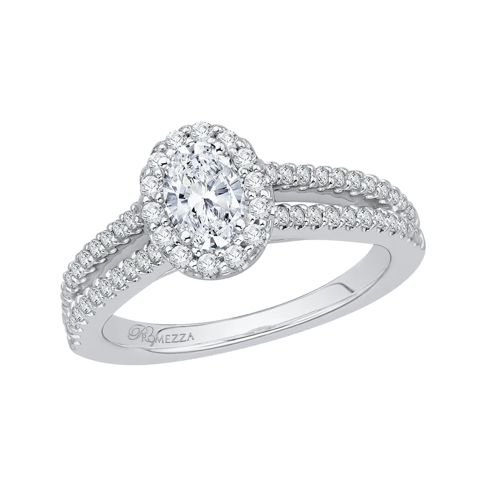 14K White Gold Oval Diamond Halo Engagement Ring with Split Shank