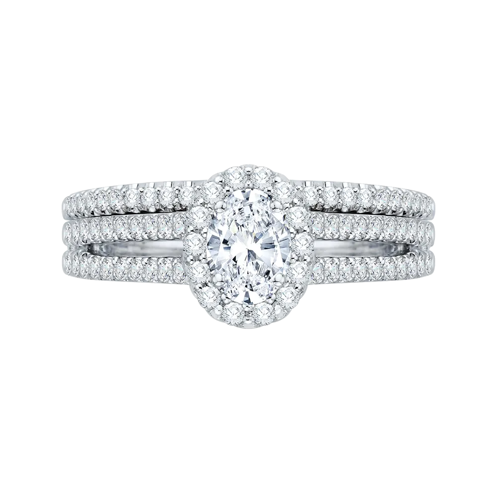 14K White Gold Oval Diamond Halo Engagement Ring with Split Shank