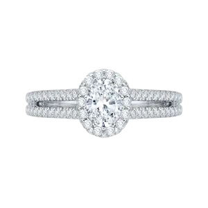 14K White Gold Oval Diamond Halo Engagement Ring with Split Shank