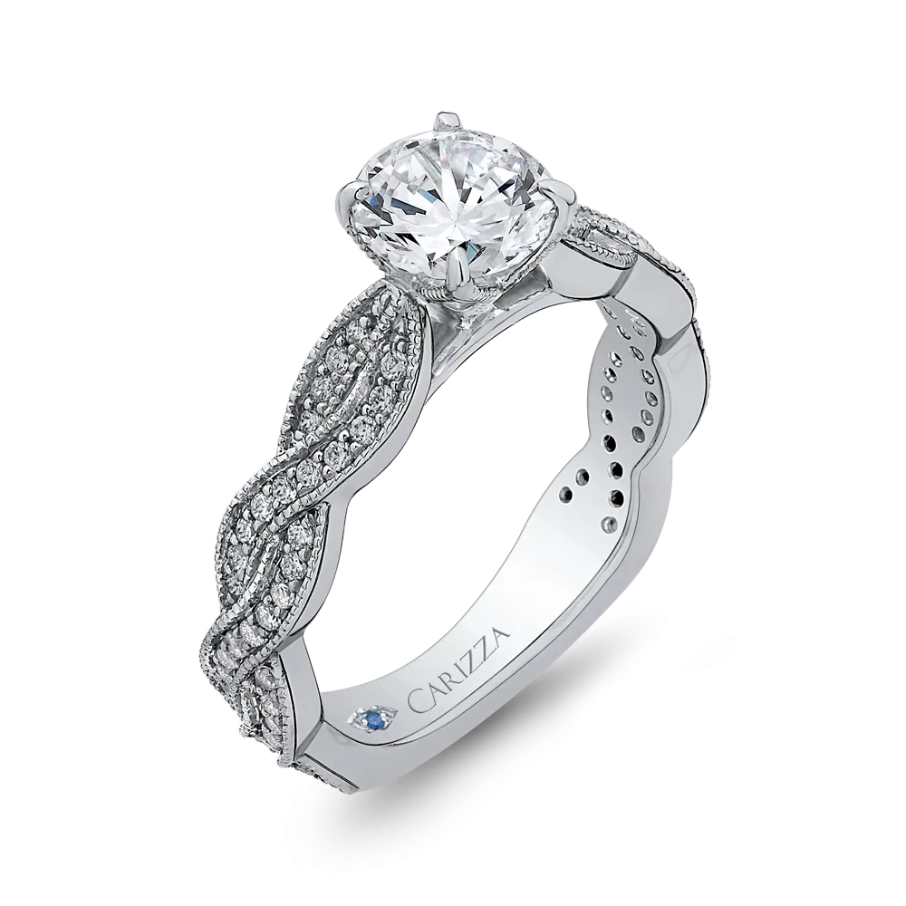 14K White Gold Round Diamond Floral Engagement Ring with Criss Cross Shank (Semi Mount)