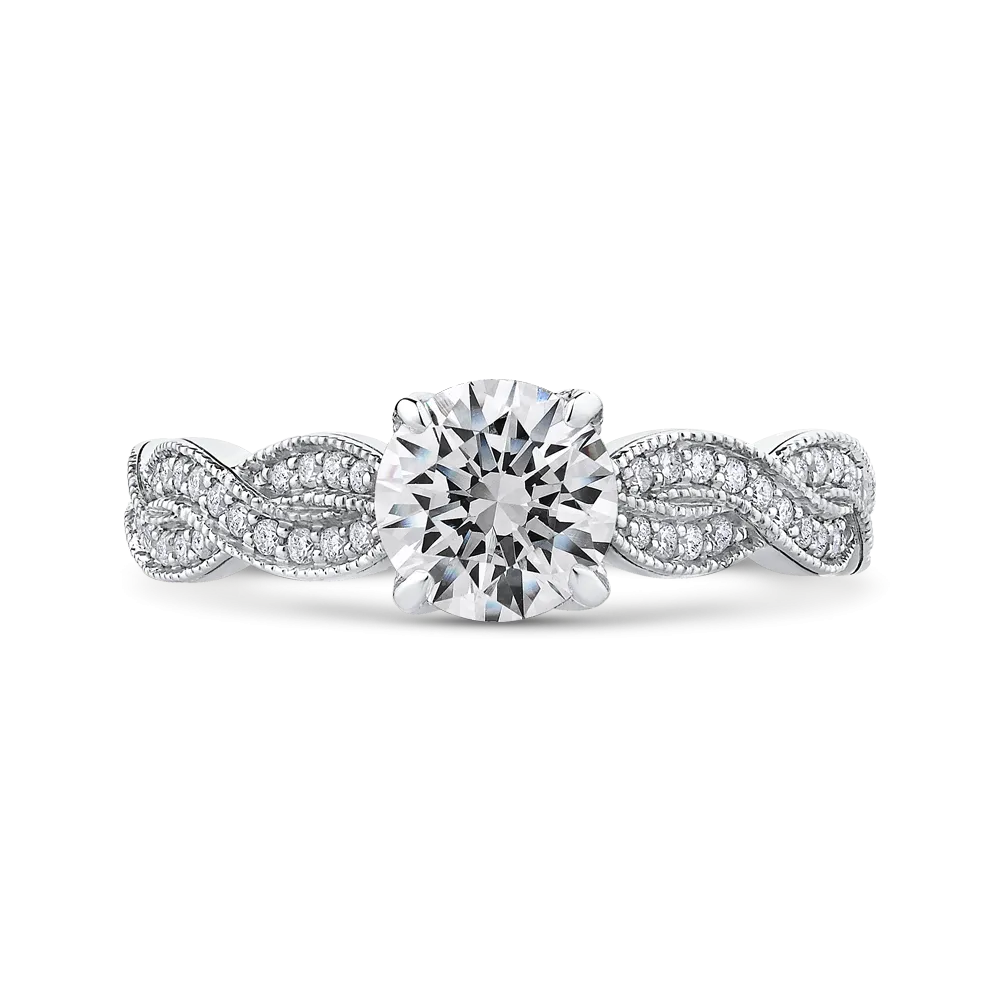 14K White Gold Round Diamond Floral Engagement Ring with Criss Cross Shank (Semi Mount)