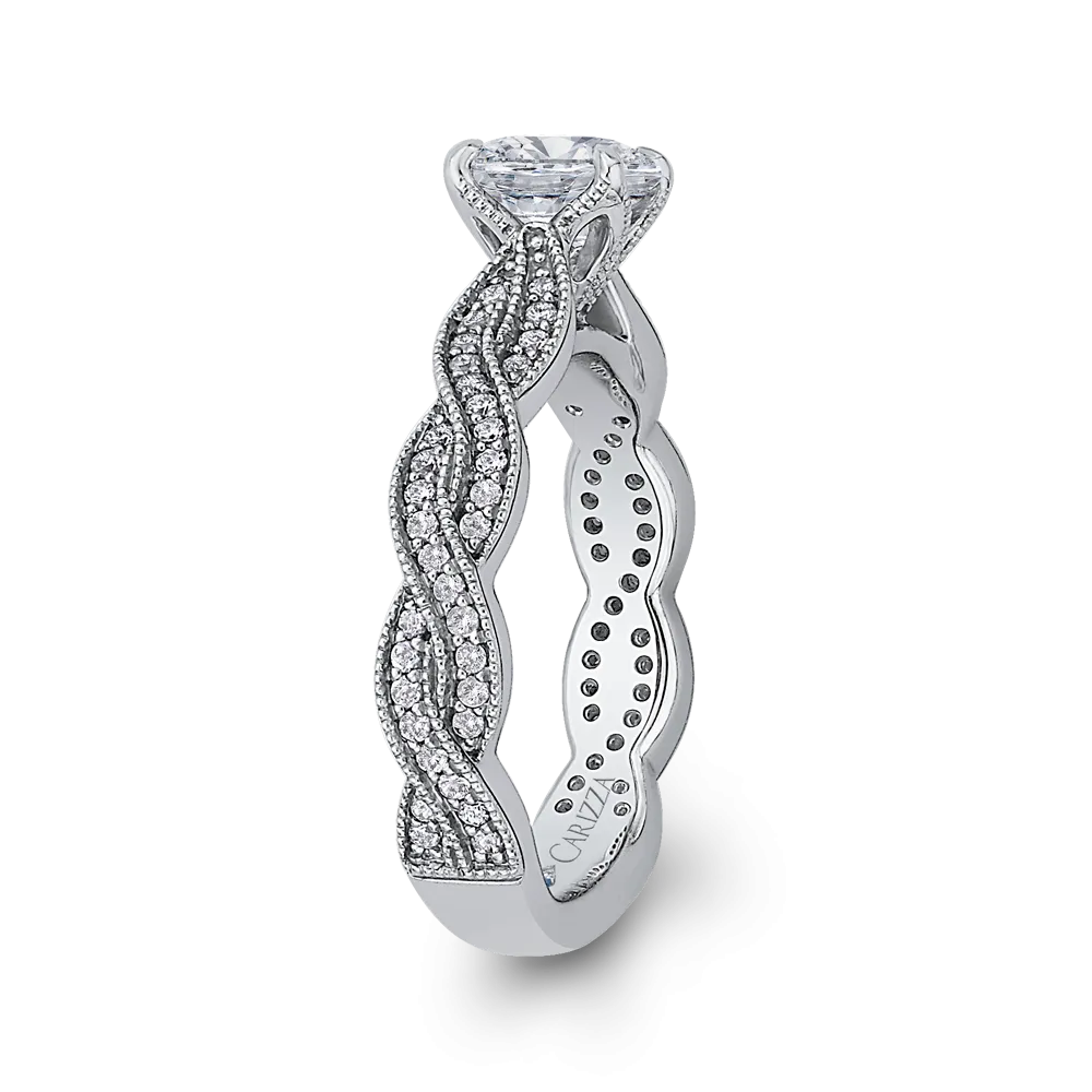 14K White Gold Round Diamond Floral Engagement Ring with Criss Cross Shank (Semi Mount)