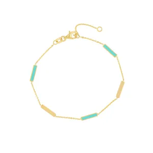 14K Yellow Gold Lt Turquoise Enamel Alternating Bar Stations Adjustable Bracelet