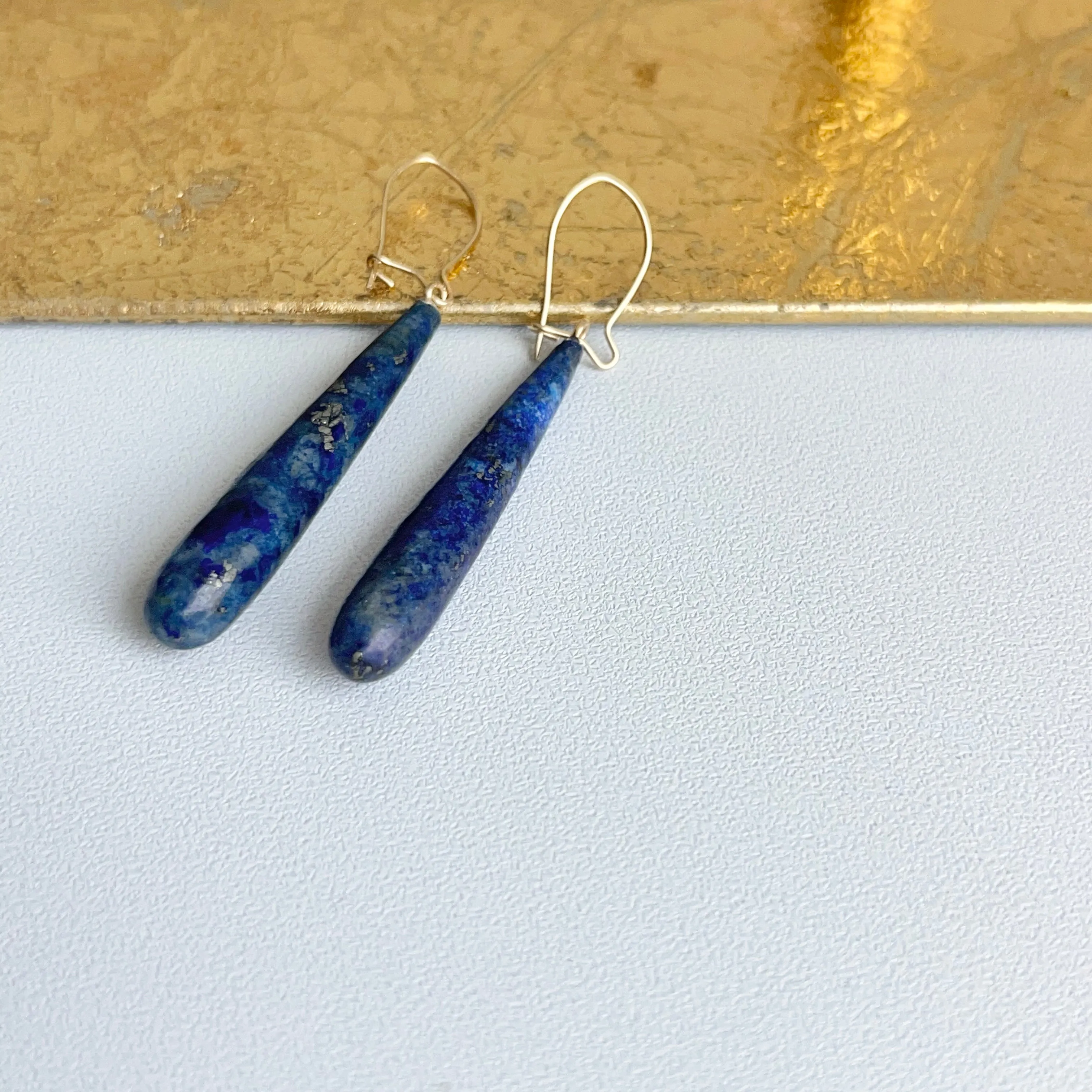 14KT Yellow Gold Teardrop Genuine Lapis Lazuli Dangle Earrings