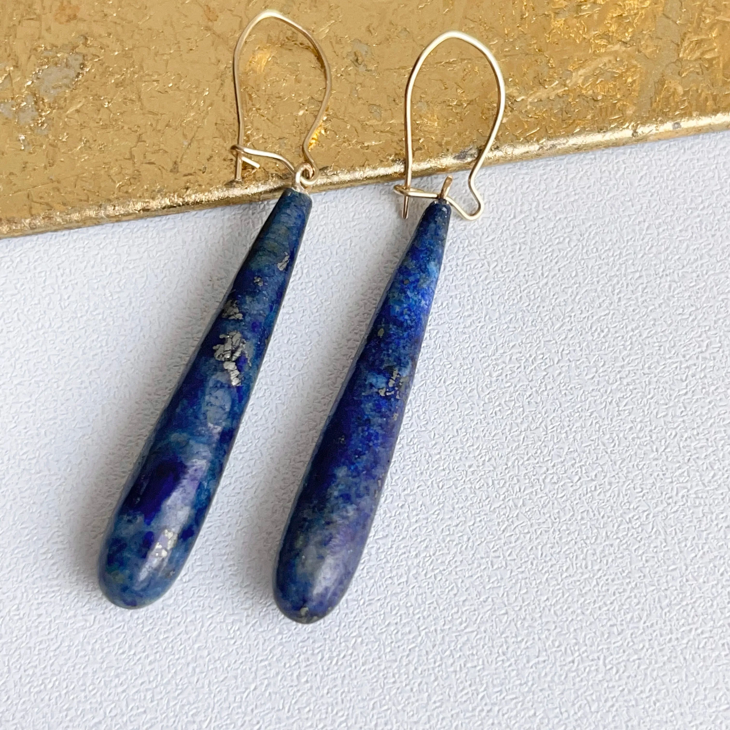 14KT Yellow Gold Teardrop Genuine Lapis Lazuli Dangle Earrings