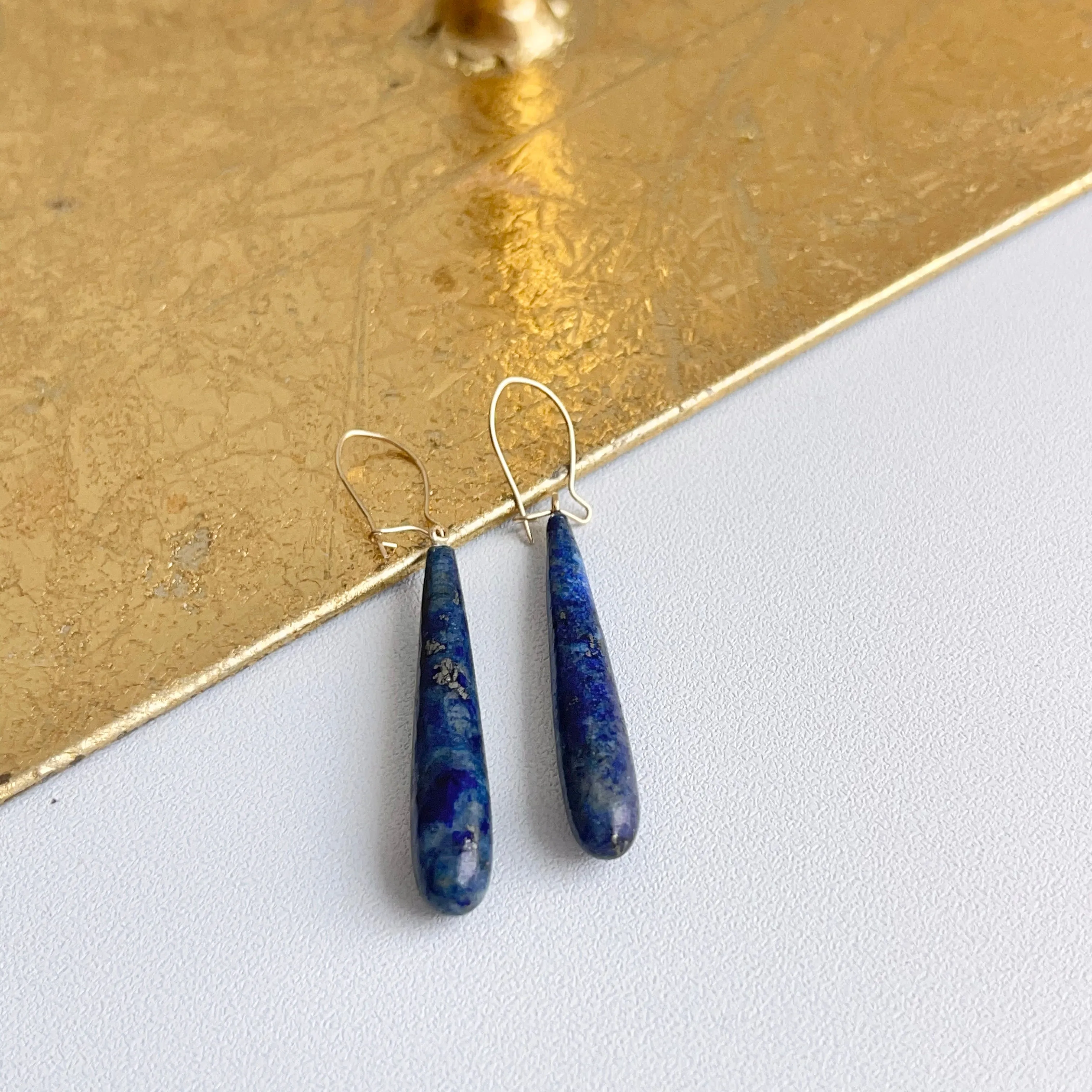 14KT Yellow Gold Teardrop Genuine Lapis Lazuli Dangle Earrings