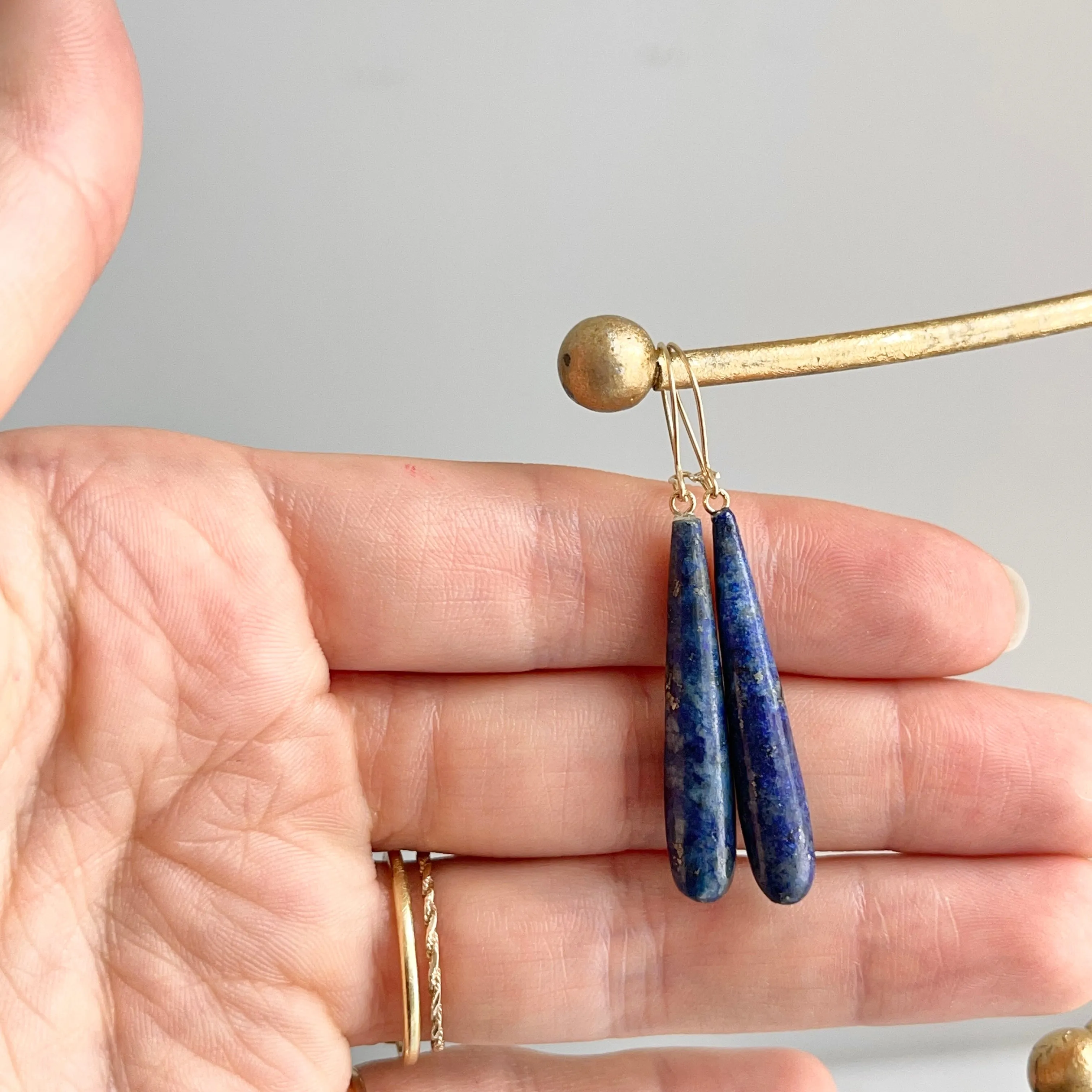 14KT Yellow Gold Teardrop Genuine Lapis Lazuli Dangle Earrings