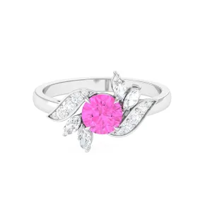 1.5 CT Pink Sapphire Flower Engagement Ring with Diamond