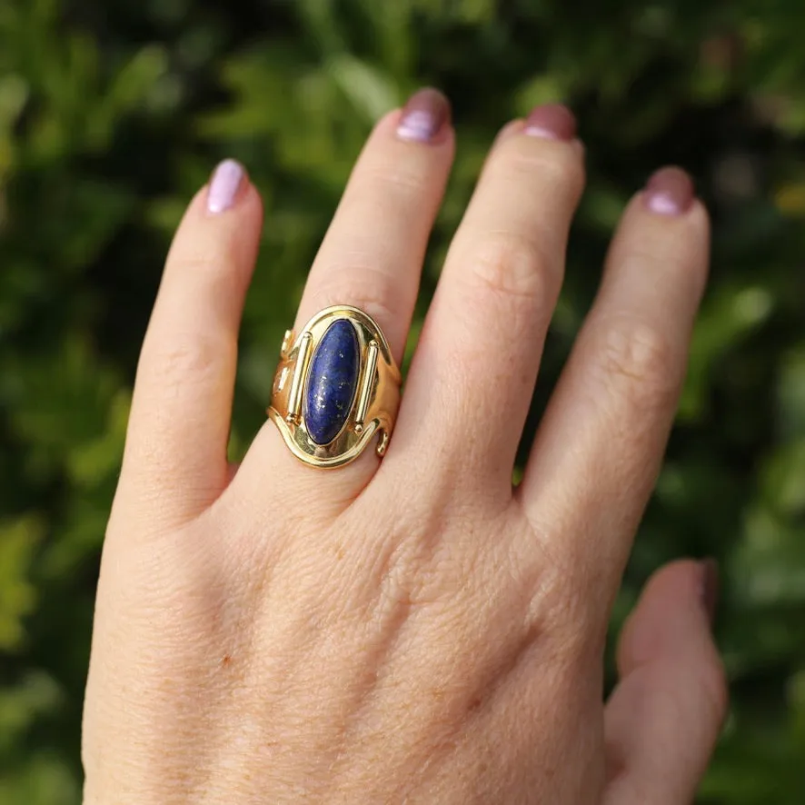 18ct Gold and Lapis Lazuli Cabochon Cuff Ring, size O but sizeable