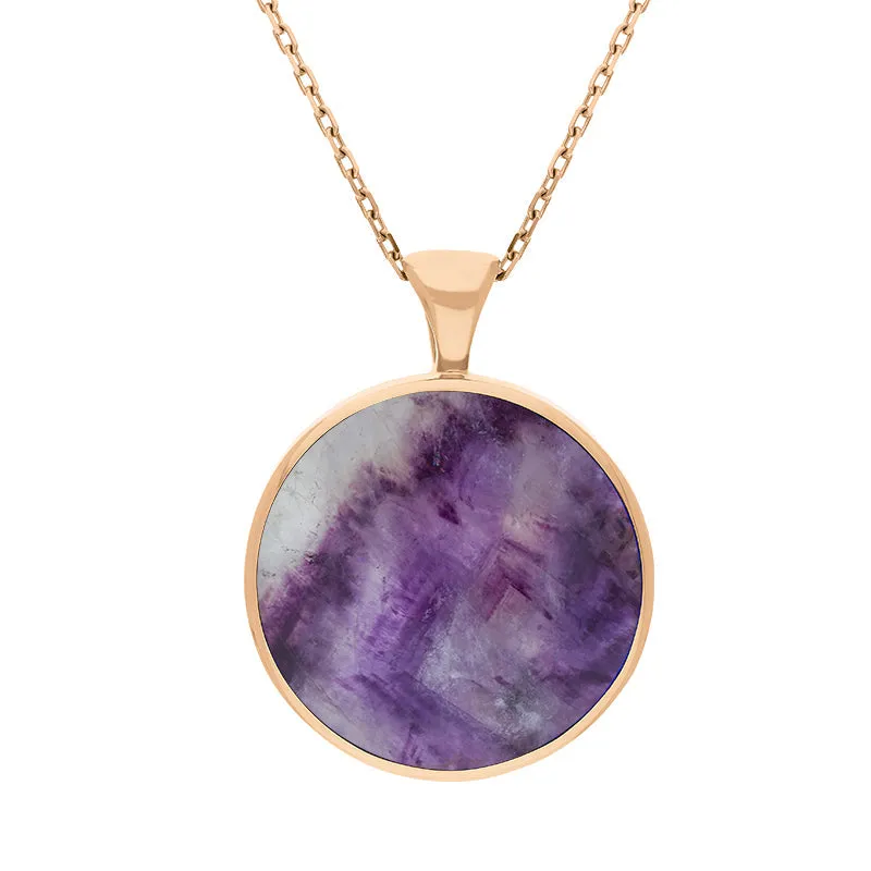 18ct Rose Gold Blue John Whitby Jet Large Double Sided Round Fob Necklace