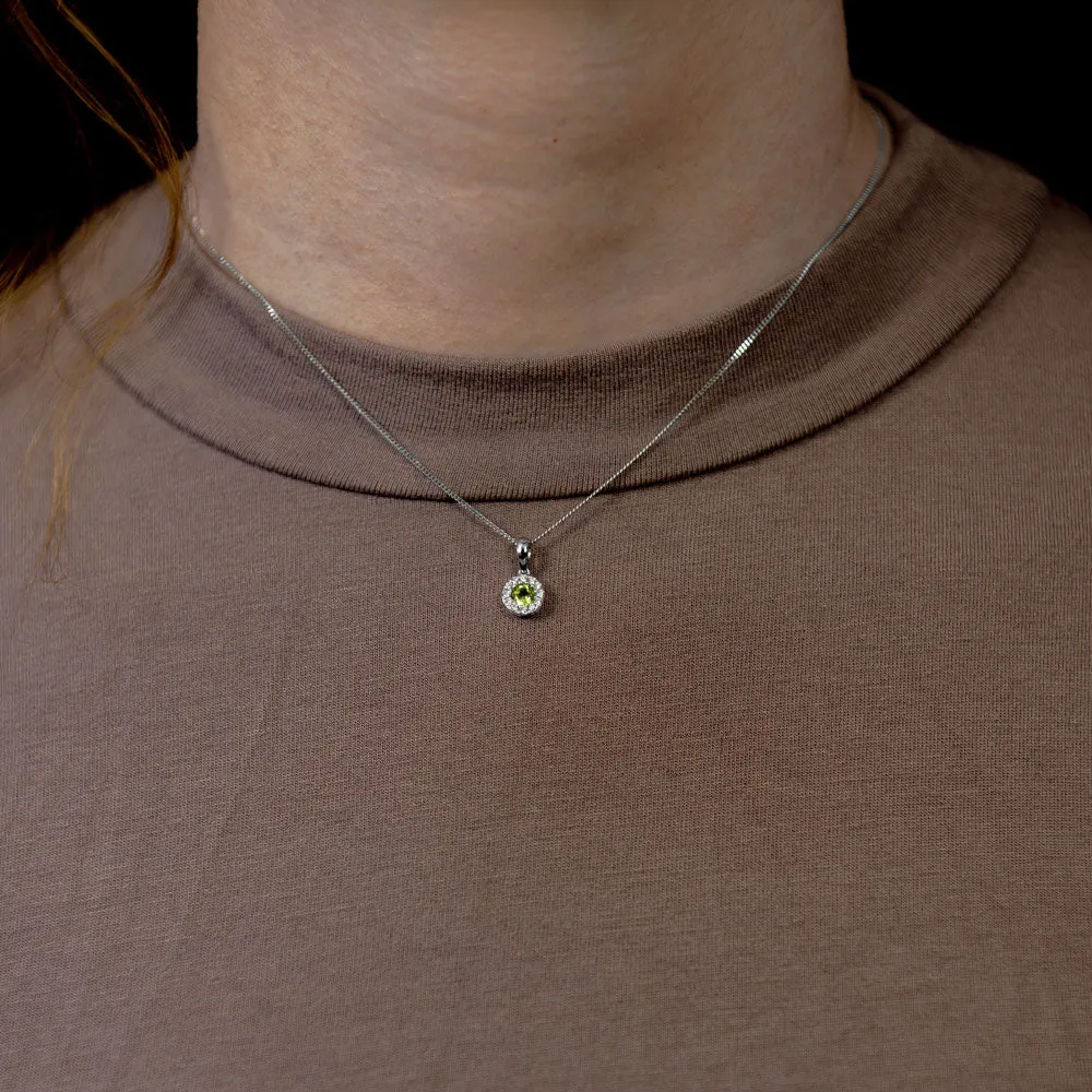 18ct White Gold 0.38ct Peridot And 0.14ct Diamond Halo Necklace