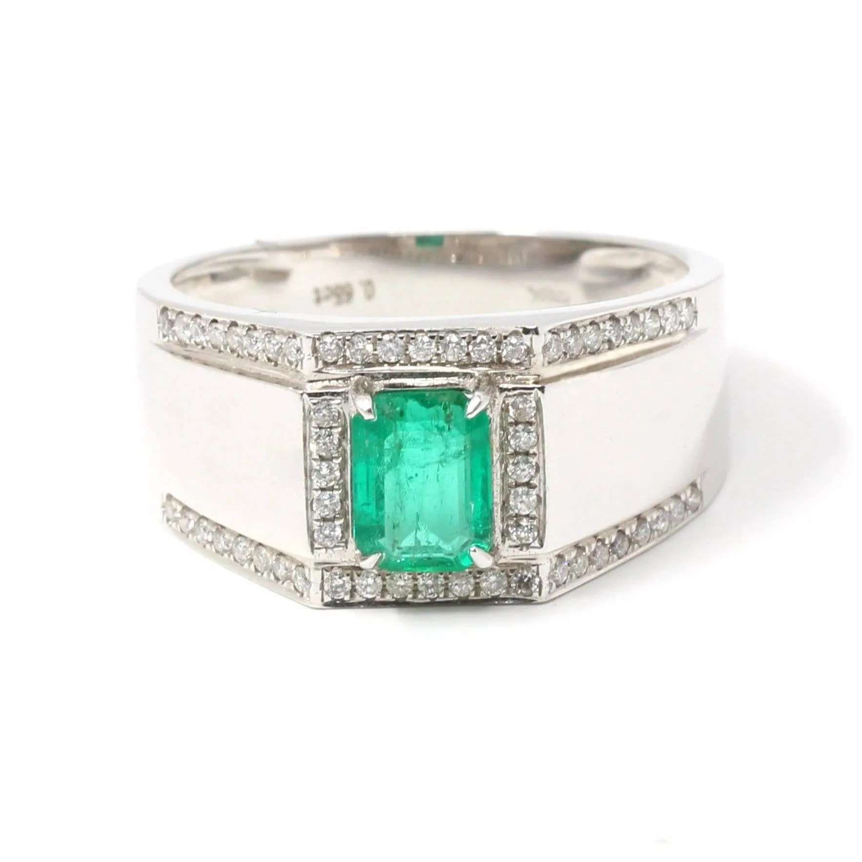 18k White Gold Natural 0.65 ct Emerald Men's Halo Ring with Diamonds