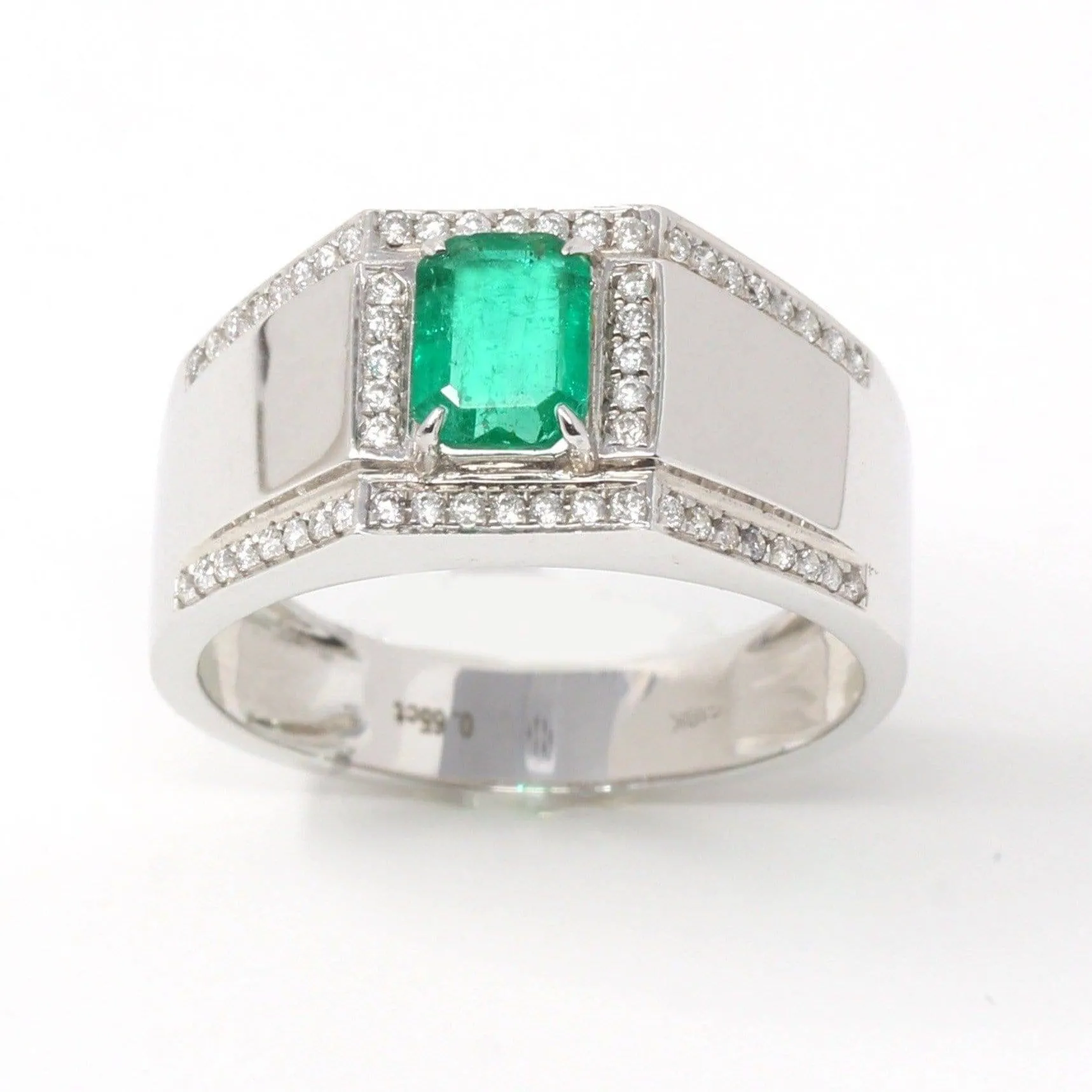 18k White Gold Natural 0.65 ct Emerald Men's Halo Ring with Diamonds