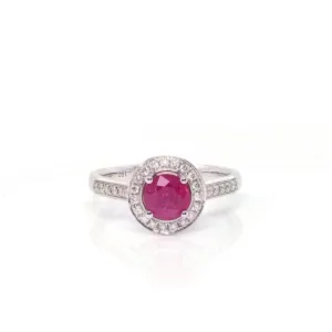 18k White Gold Natural Round Pink Ruby Diamond Anniversary Ring