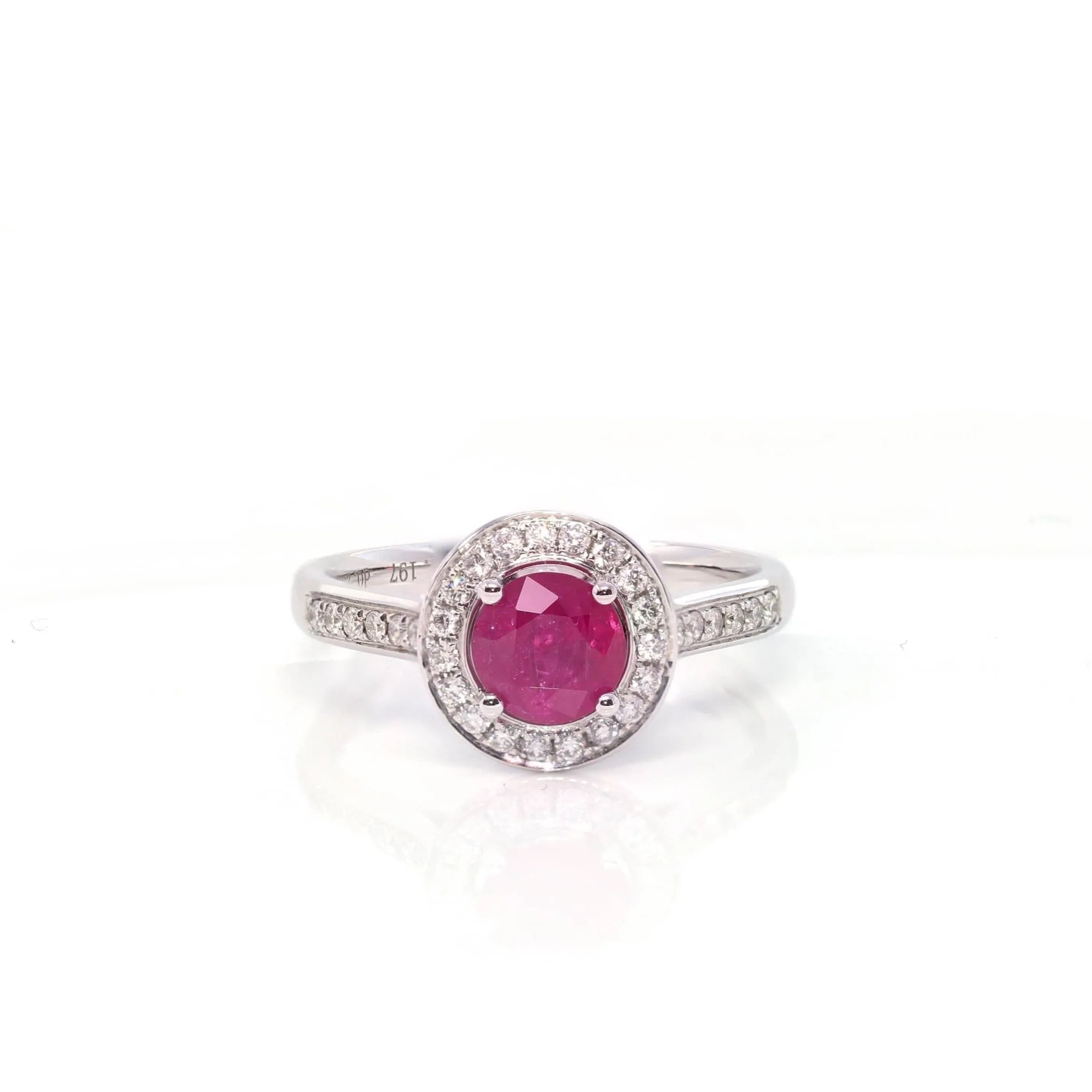 18k White Gold Natural Round Pink Ruby Diamond Anniversary Ring