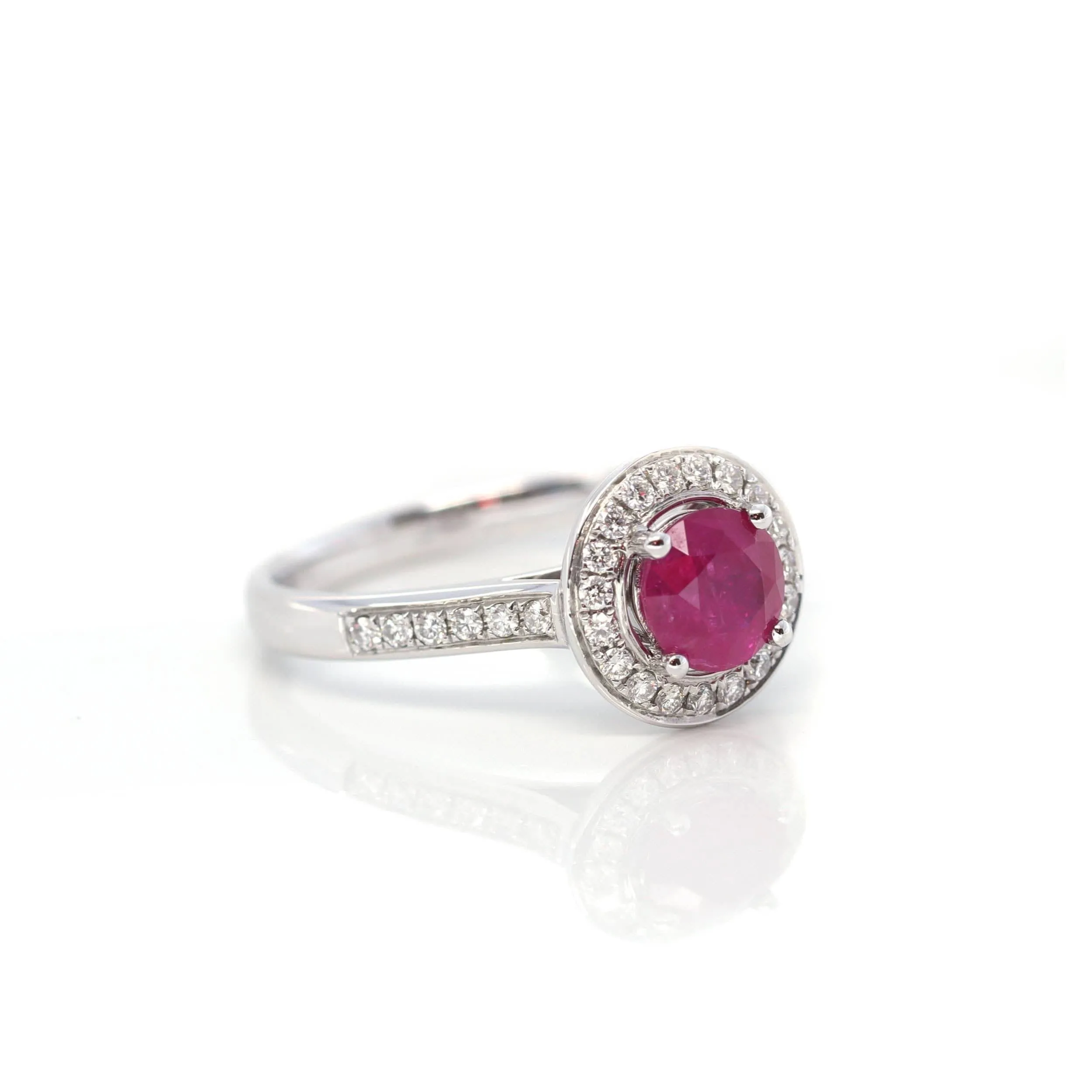18k White Gold Natural Round Pink Ruby Diamond Anniversary Ring