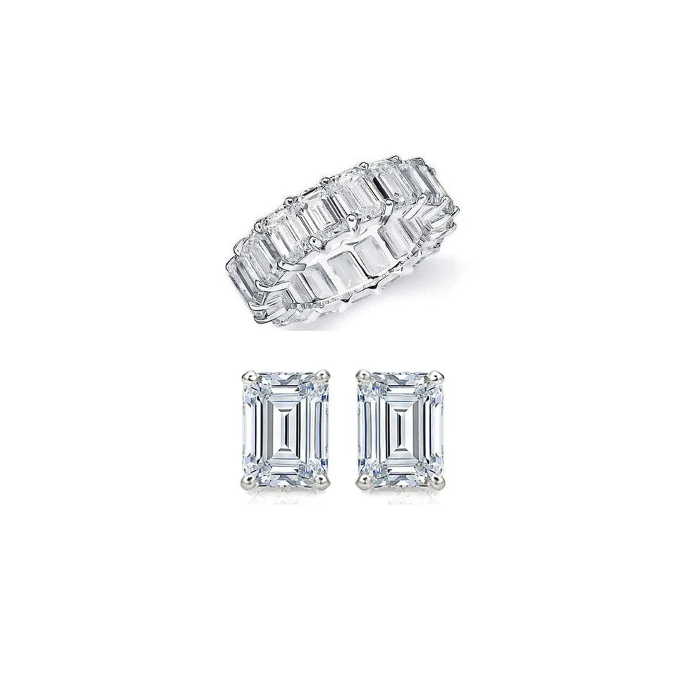 18K White Gold Plated Emerald Cut Eternity Band and Stud Set 4 CTTW AAA CZ