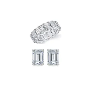 18K White Gold Plated Emerald Cut Eternity Band and Stud Set 4 CTTW AAA CZ