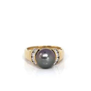 18k Yellow Gold Cultured Black Pearl Diamond Ring