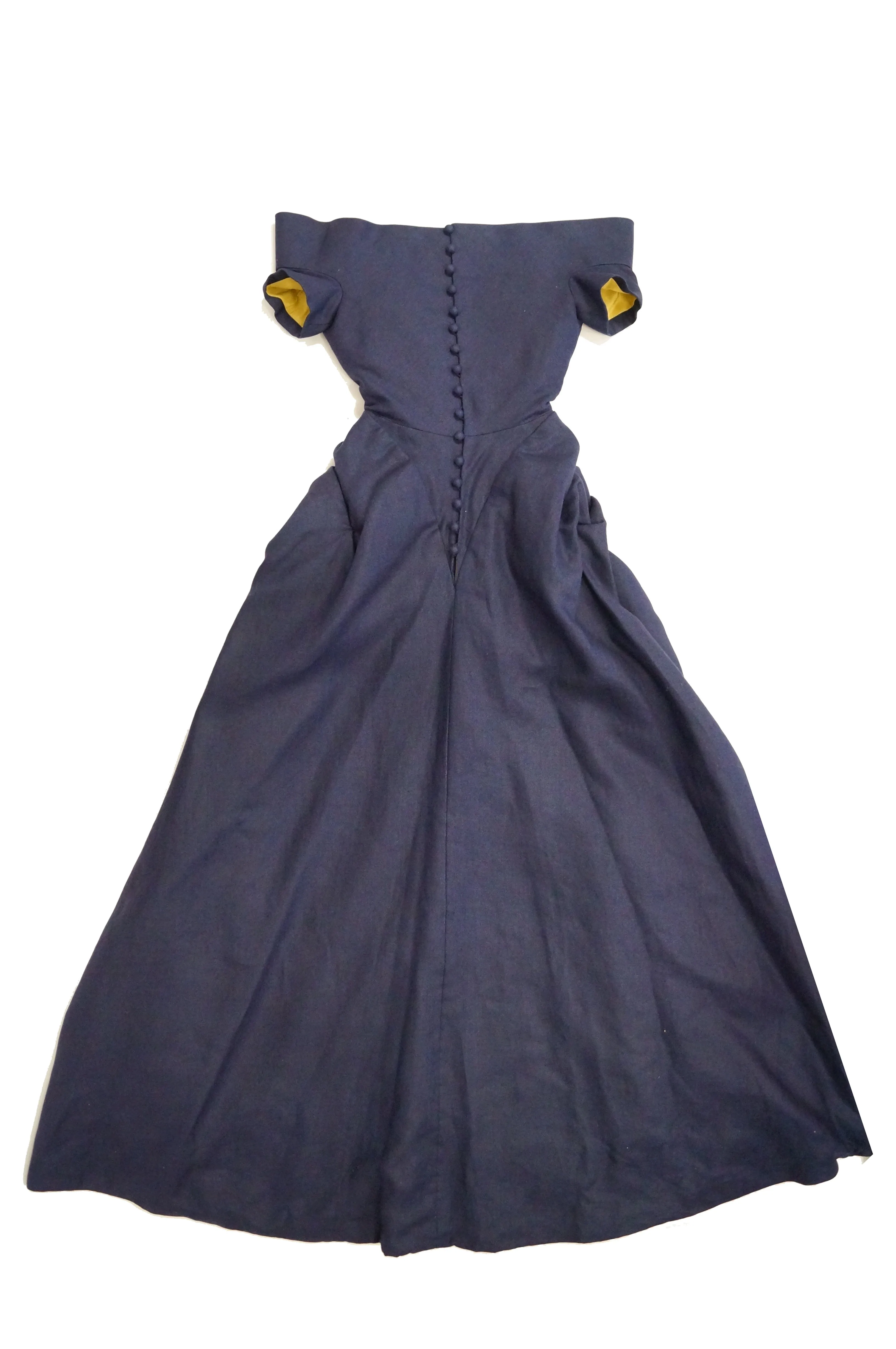 1991 Christian Lacroix Couture Navy Linen and Gold Silk Shantung Evening Gown 32