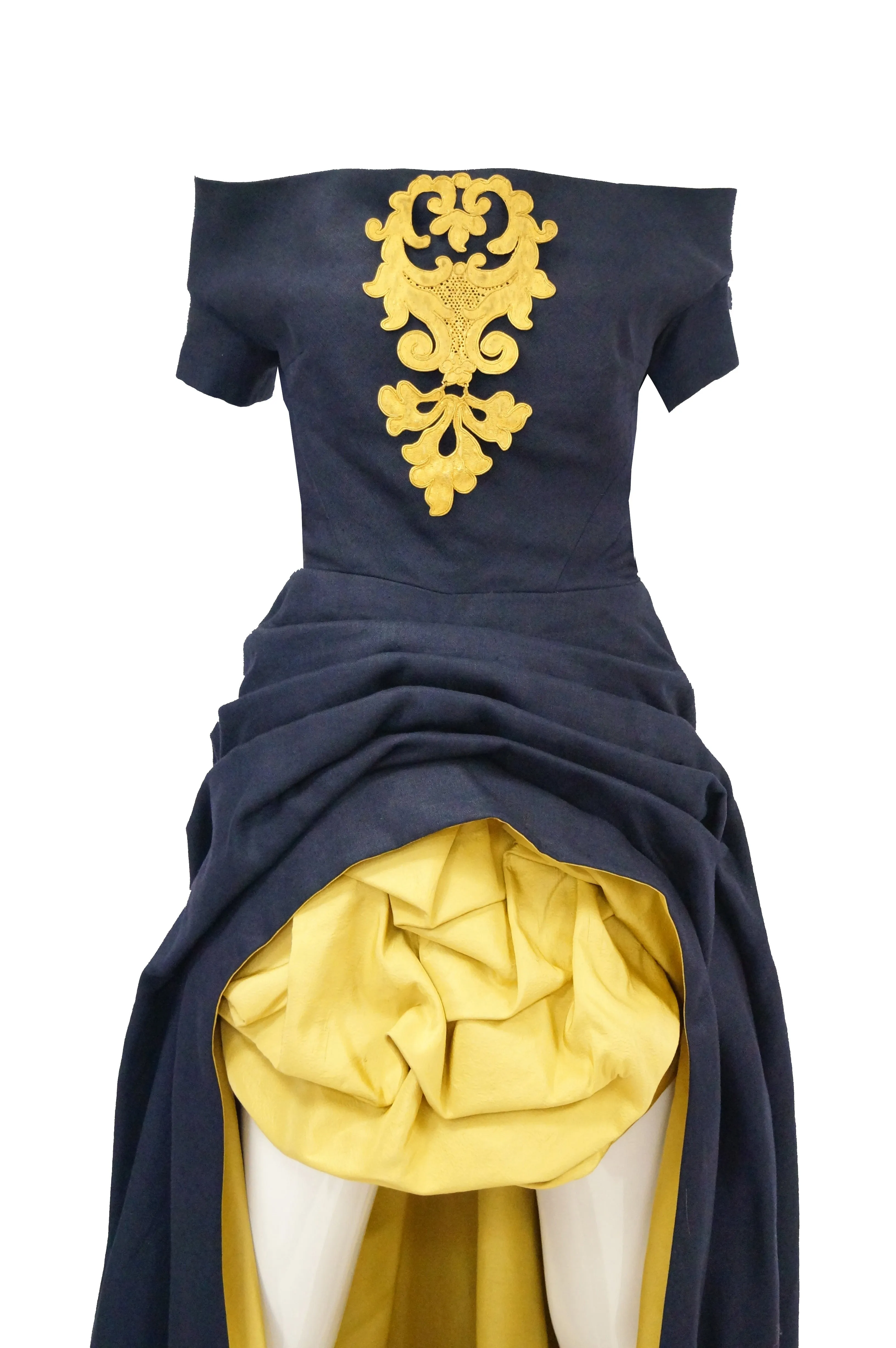 1991 Christian Lacroix Couture Navy Linen and Gold Silk Shantung Evening Gown 32