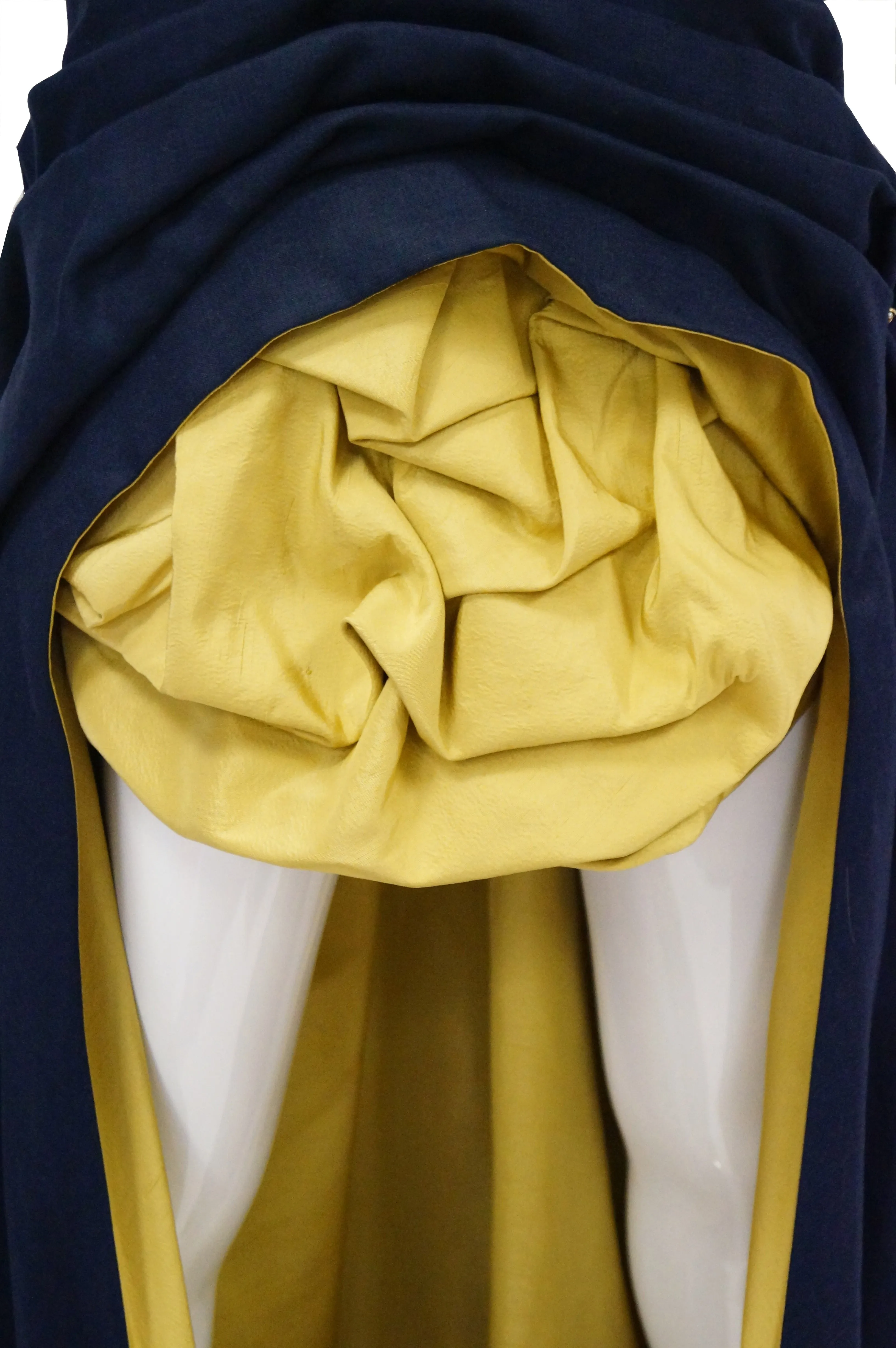 1991 Christian Lacroix Couture Navy Linen and Gold Silk Shantung Evening Gown 32