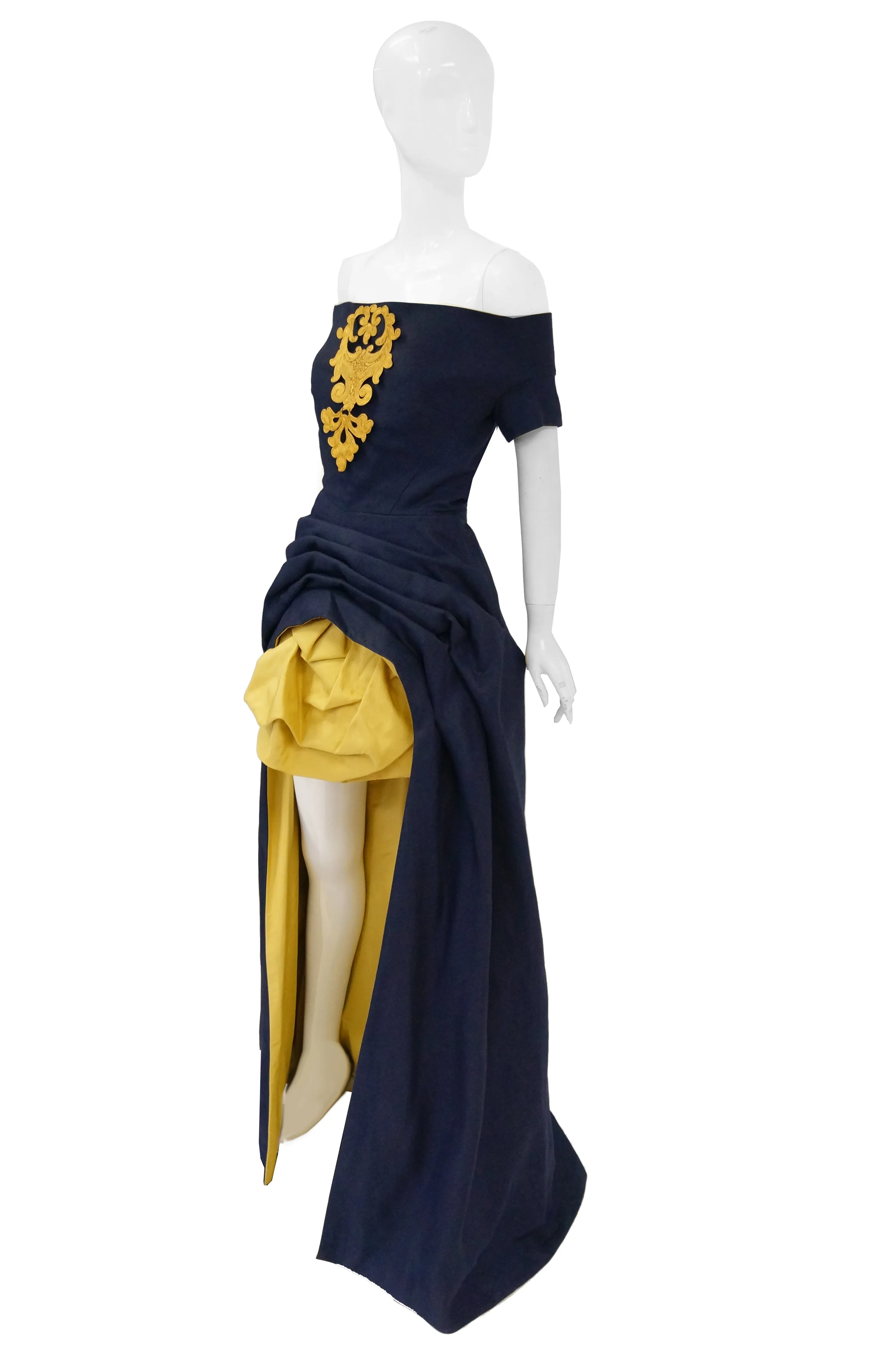 1991 Christian Lacroix Couture Navy Linen and Gold Silk Shantung Evening Gown 32