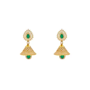 22K Yellow Gold, Emerald & CZ Jhumka Earrings (18.9gm)