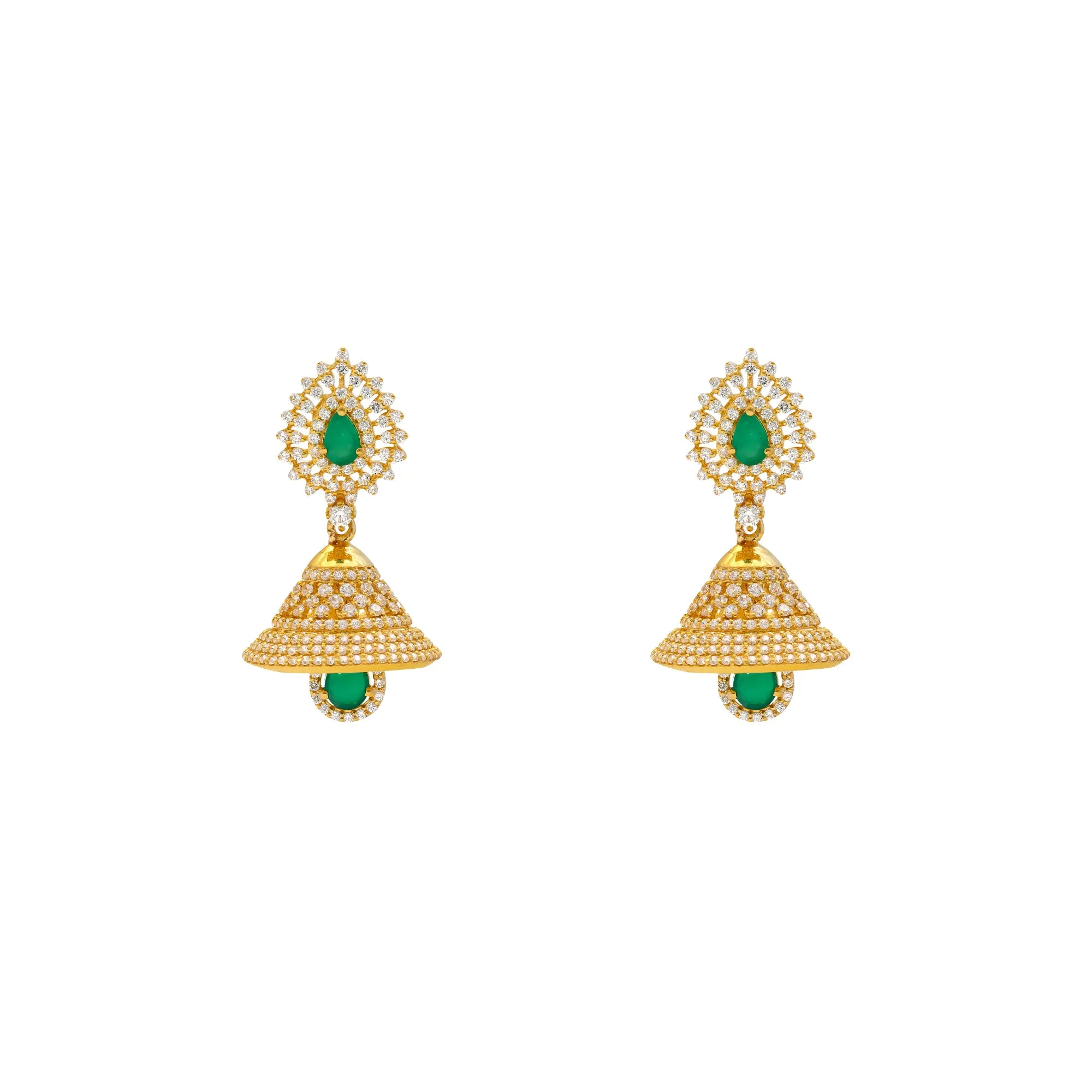 22K Yellow Gold, Emerald & CZ Jhumka Earrings (18.9gm)
