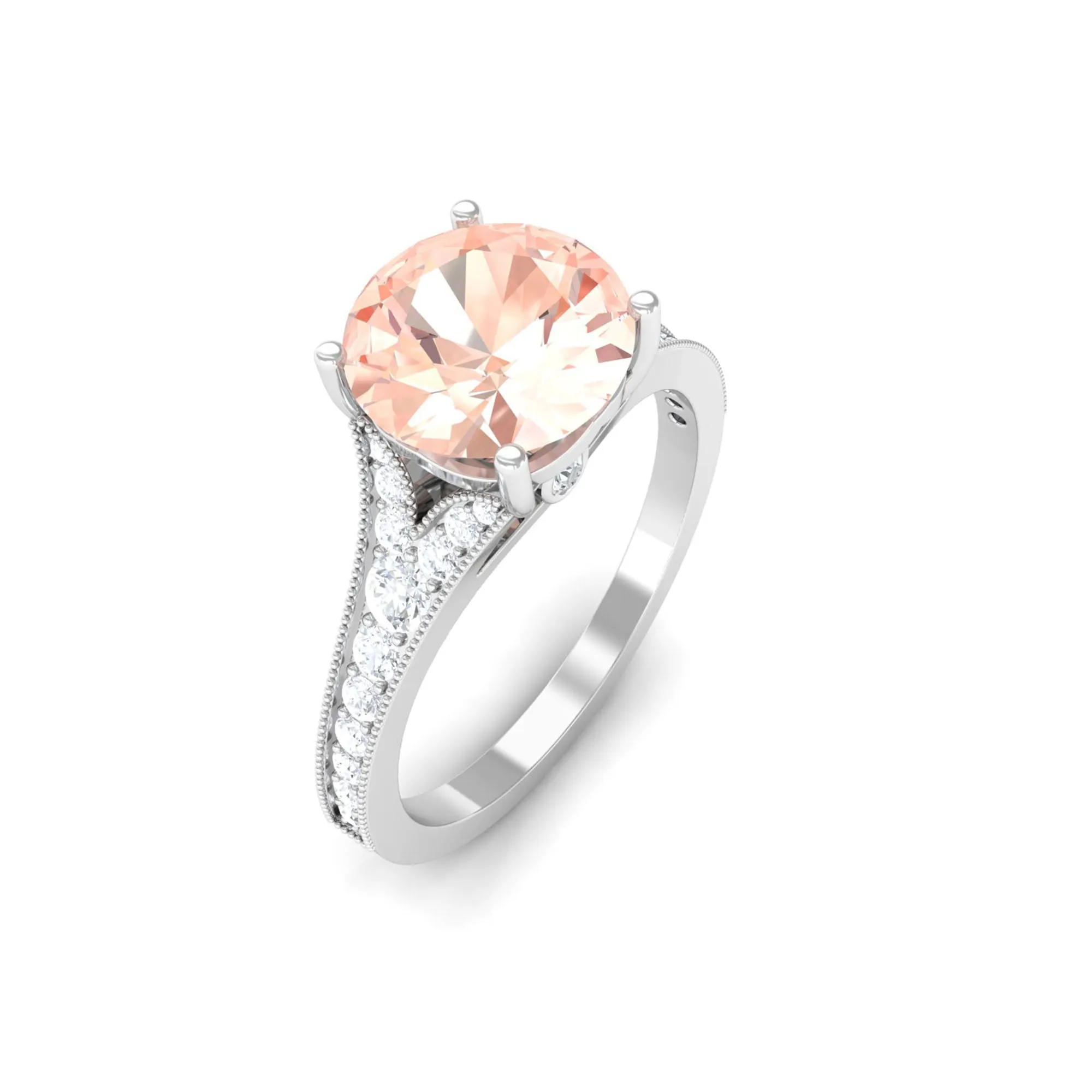 3 CT Round Shape Morganite and Diamond Side Stone Engagement Ring