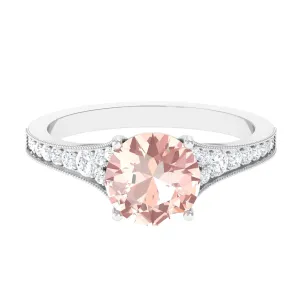 3 CT Round Shape Morganite and Diamond Side Stone Engagement Ring