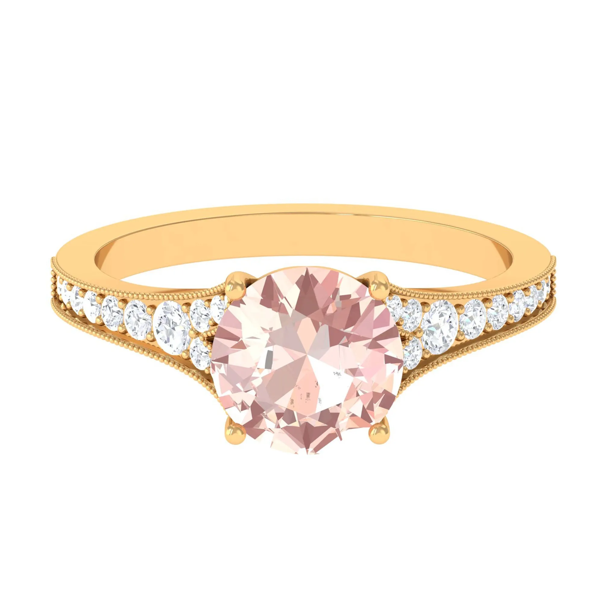 3 CT Round Shape Morganite and Diamond Side Stone Engagement Ring