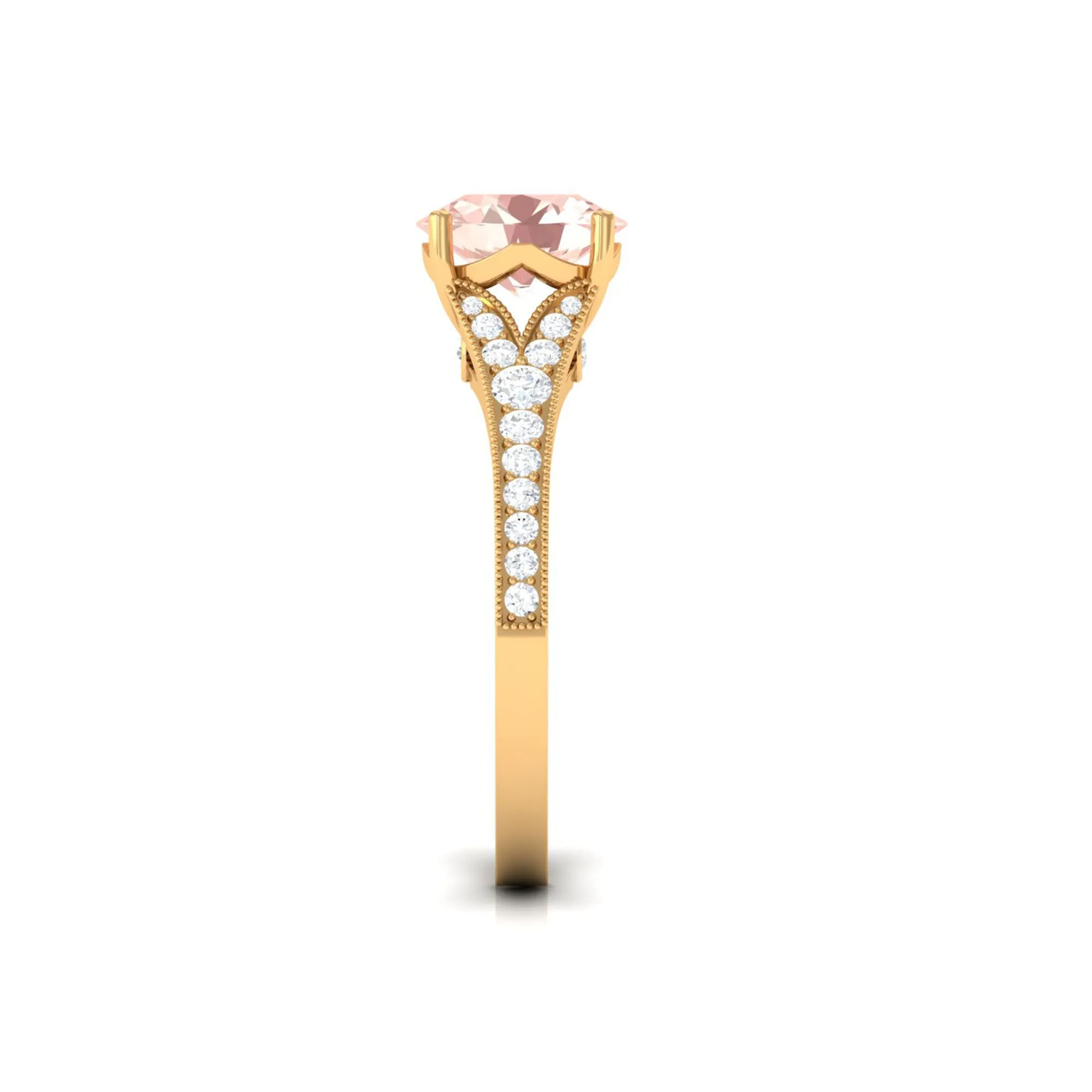 3 CT Round Shape Morganite and Diamond Side Stone Engagement Ring