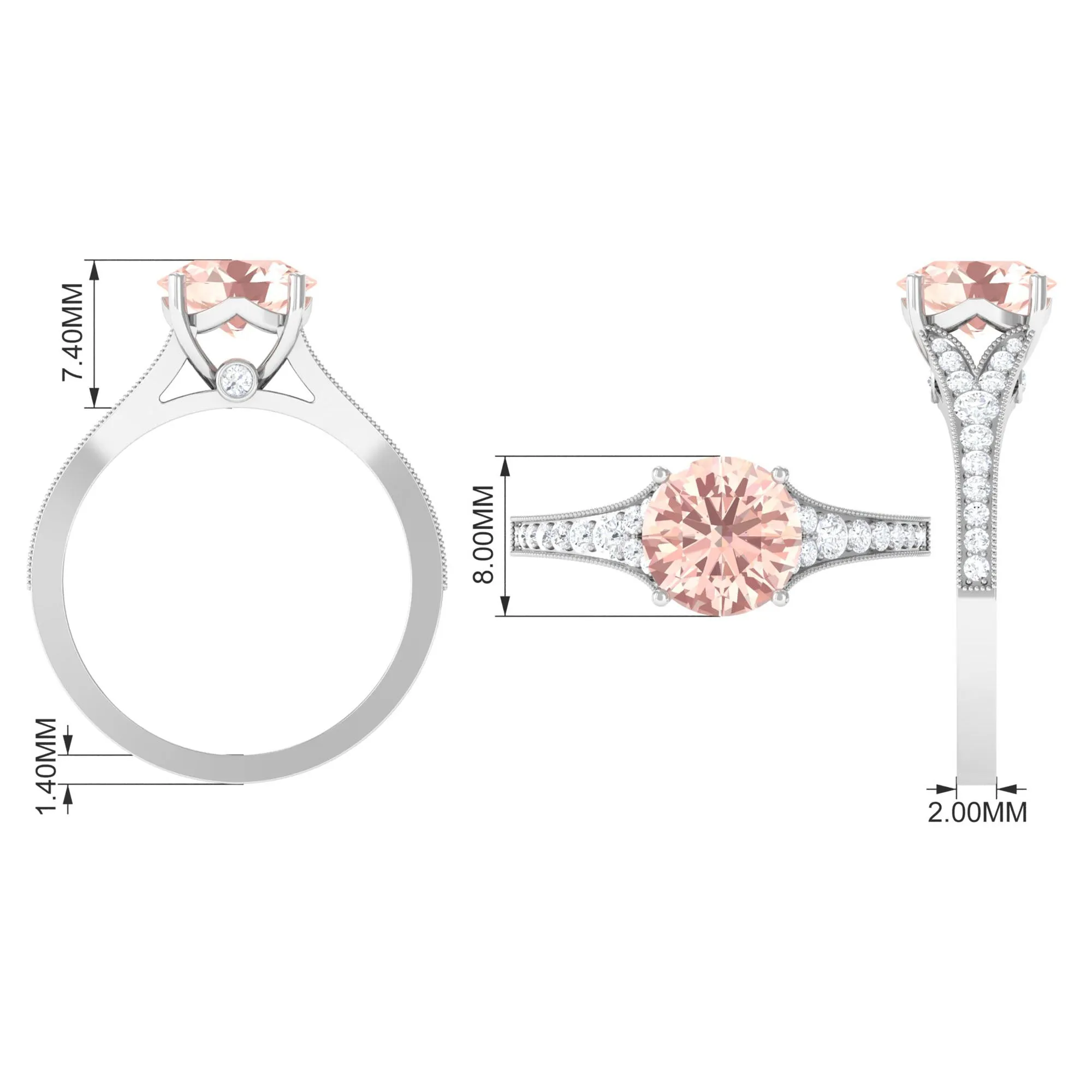 3 CT Round Shape Morganite and Diamond Side Stone Engagement Ring