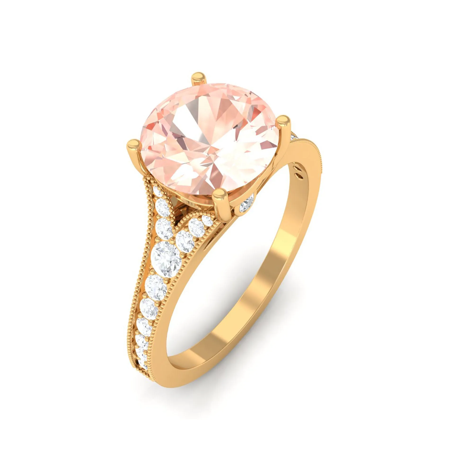 3 CT Round Shape Morganite and Diamond Side Stone Engagement Ring