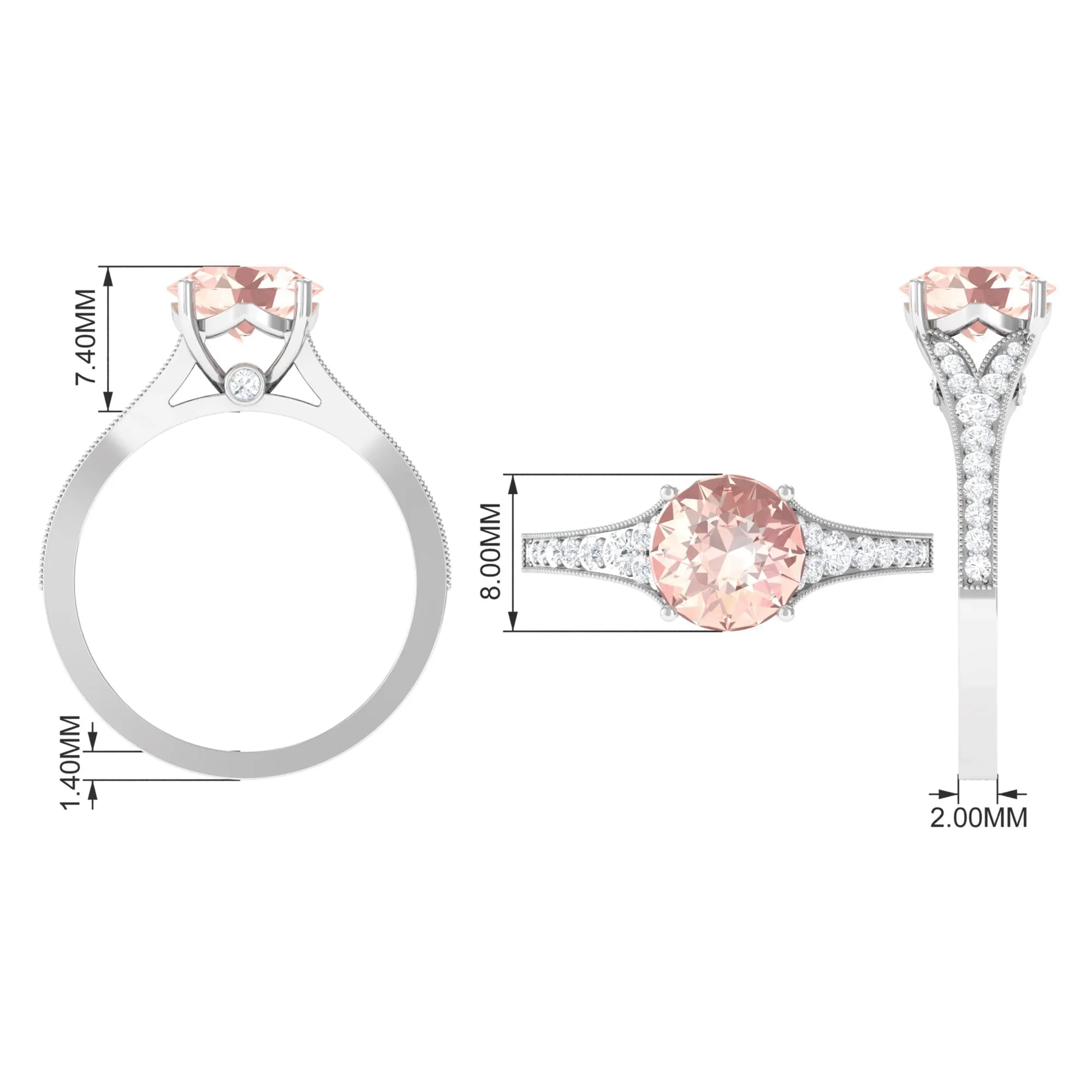 3 CT Round Shape Morganite and Diamond Side Stone Engagement Ring
