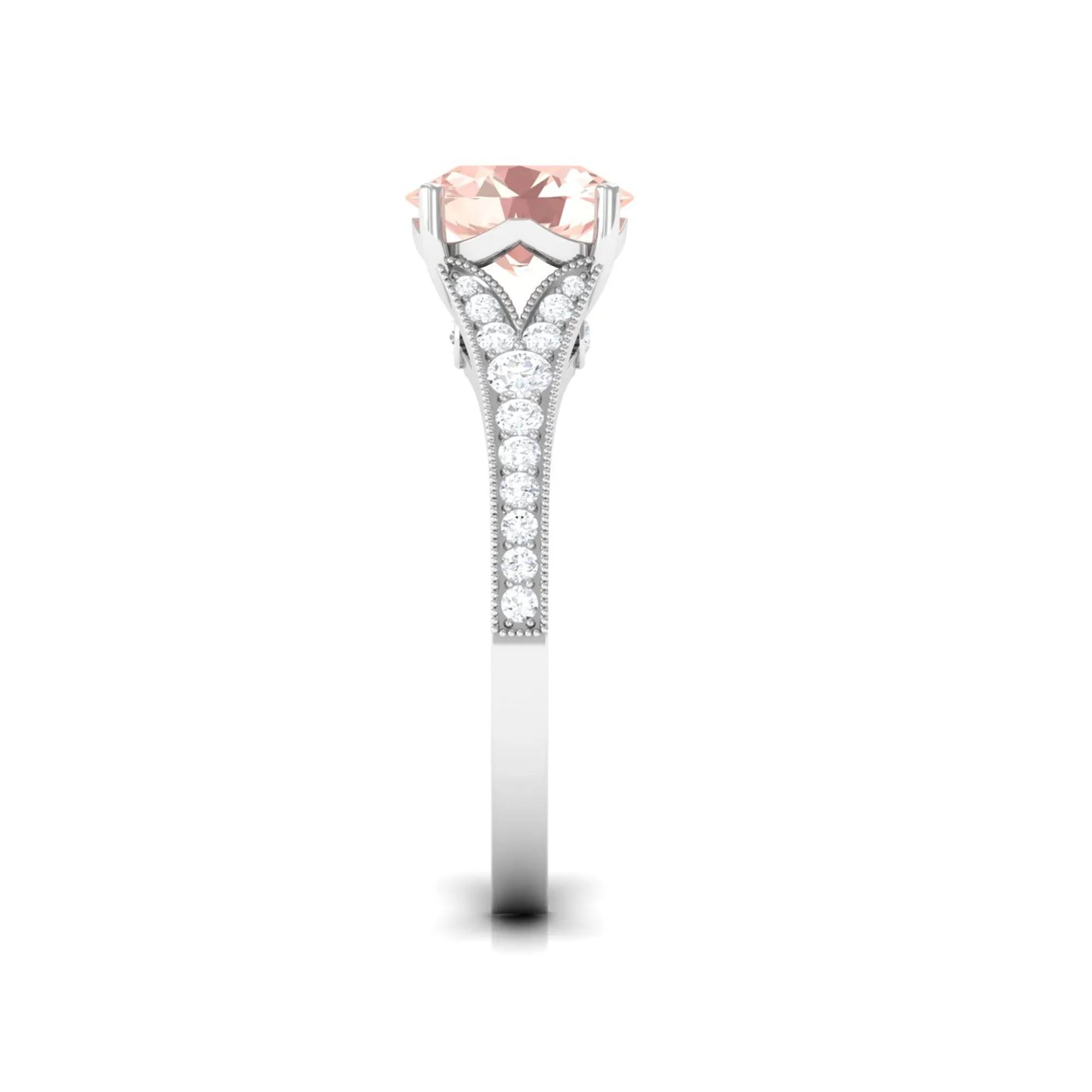 3 CT Round Shape Morganite and Diamond Side Stone Engagement Ring